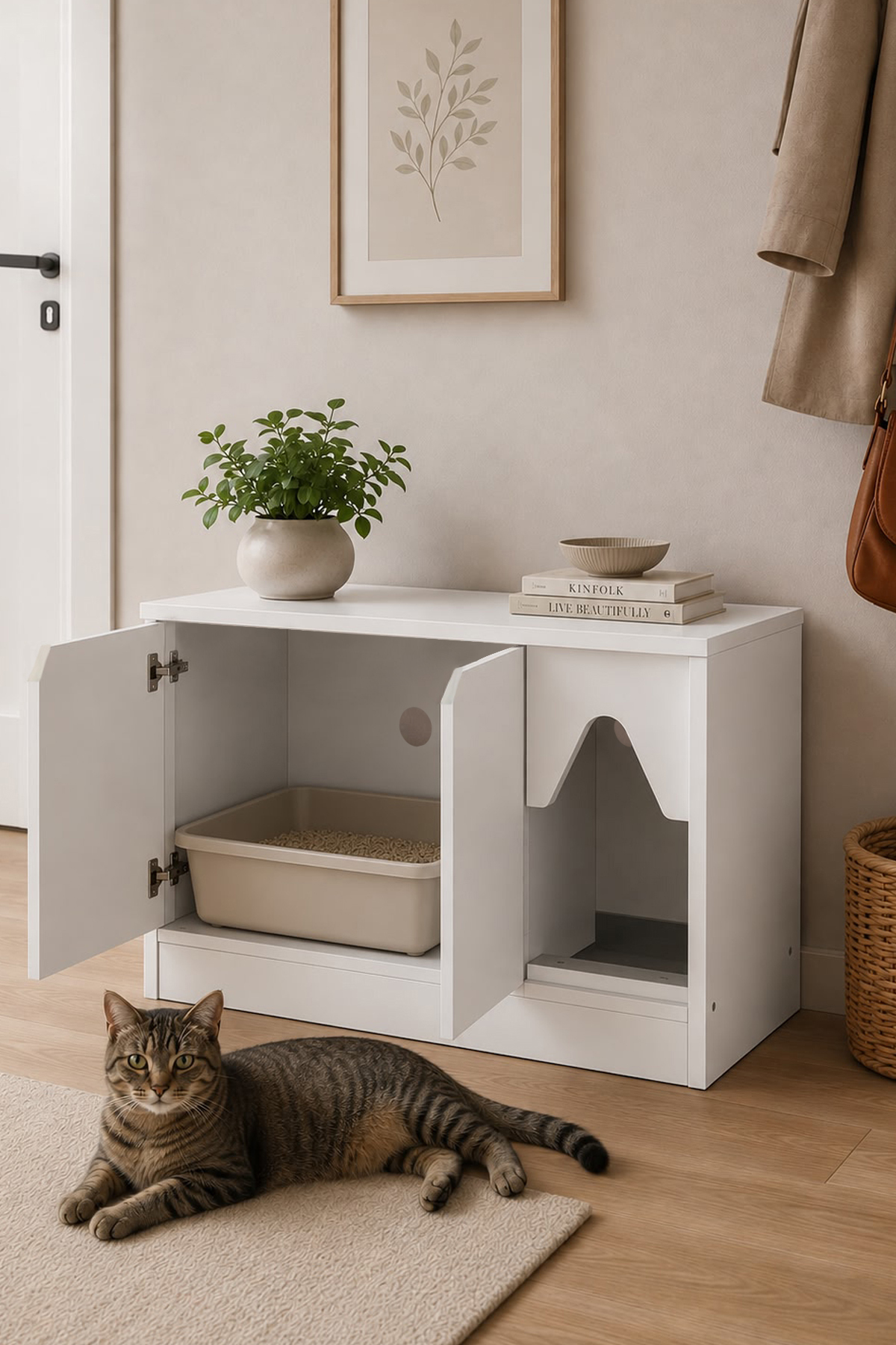 خانه گربه و کابین مخفی‌کننده توالت گربه بنیم اودام benim odam Kitty Modern مدل KT-9401.21، سفید ساده