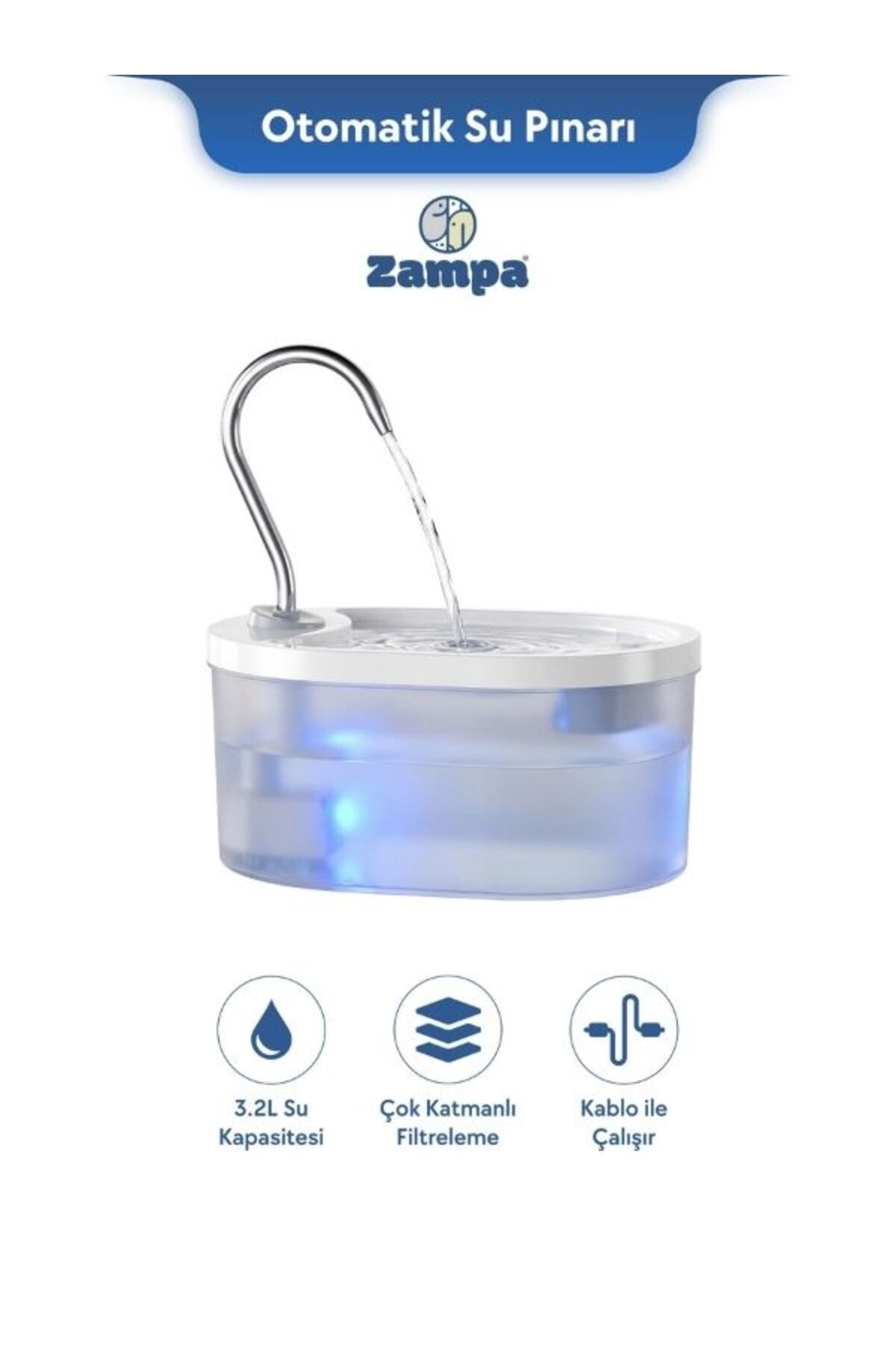 آب‌خوری فواره‌ای خودکار بیضی‌شکل زامپا Zampa PWF-01، ظرفیت ۳٫۲ لیتر، برای گربه و سگ 3.2L