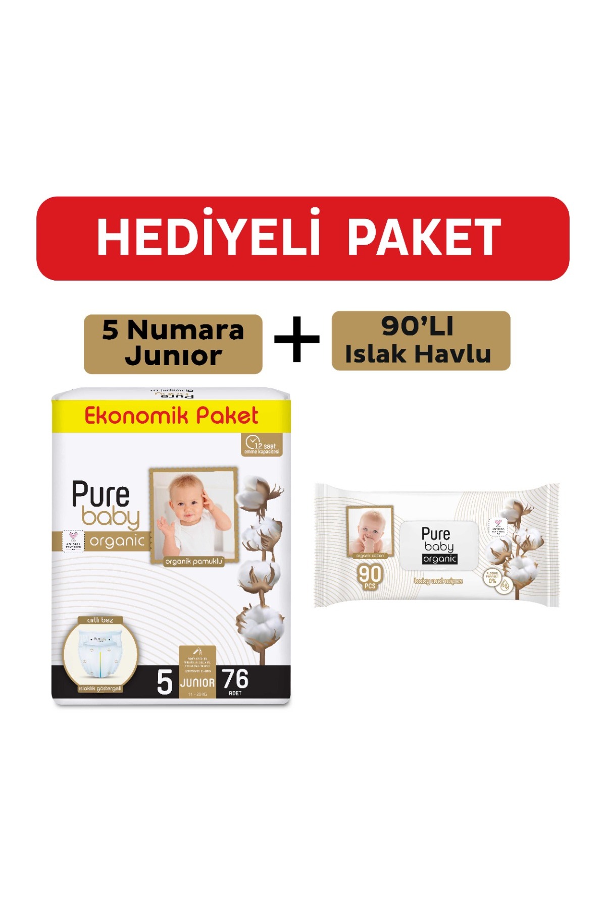 پوشک بچه پارچه پارچه‌ای نخی ارگانیک سایز 5 جونیور 76 حوله خیس پنبه‌ای 90 برگ اورجینال Pure Baby