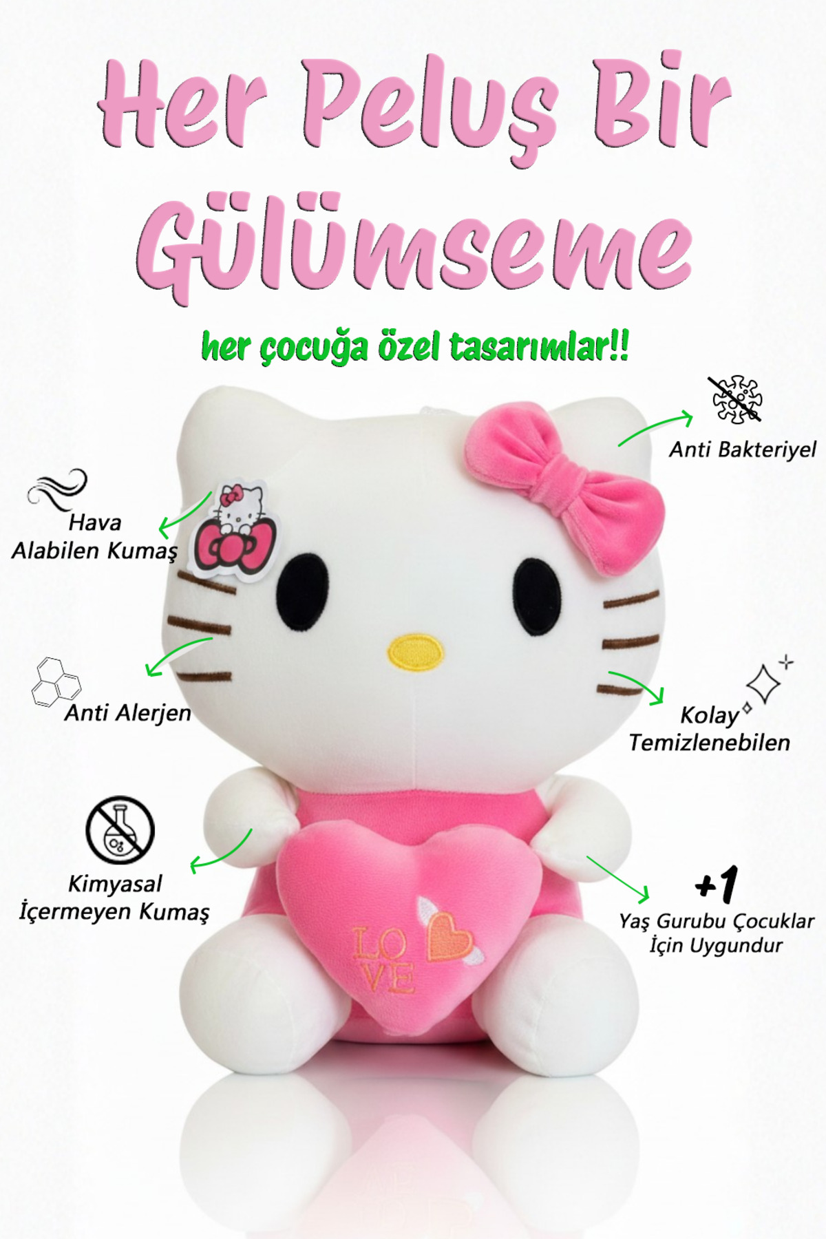اسباب بازی های پشمی مخمل دار HELLO KITTY 35CM + کیف مخملی زیبا و نرم از ترکیه POLLYTOYS PELÜŞ OYUNCAKTA DÜNYA MARKASI