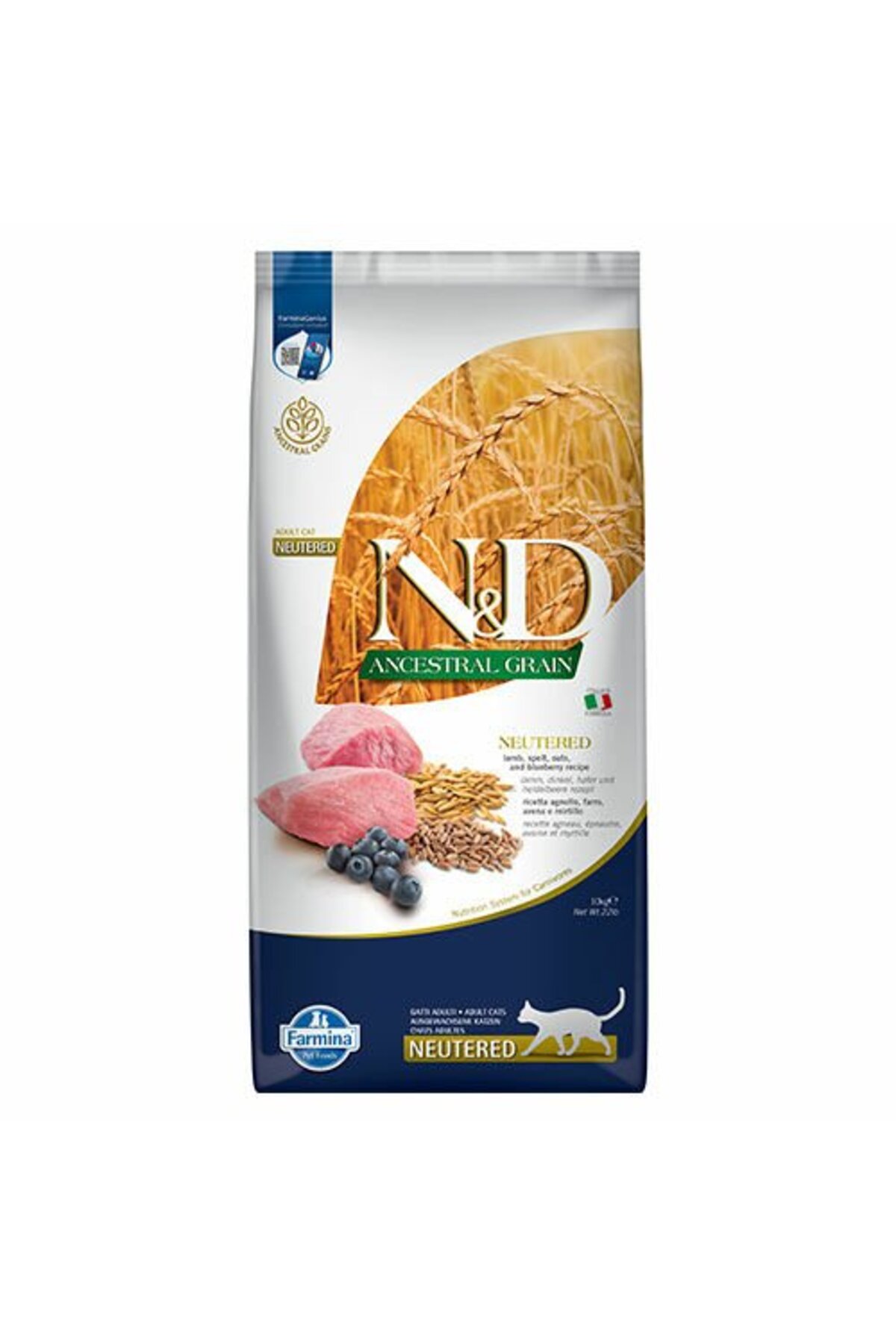غذای خشک گربه عقیم‌شده ان‌انددی N&D Ancestral Grain، کم‌غله با طعم بره و بلوبری، ۱۰ کیلوگرم