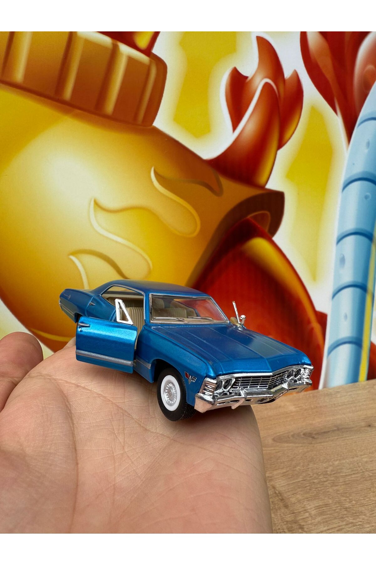 مدل خودرو PULL DROP 1967 CHEVROLET IMPALA BLUE DIECAST CAR CHEVY OPENING DOORS اورجینال scntoys