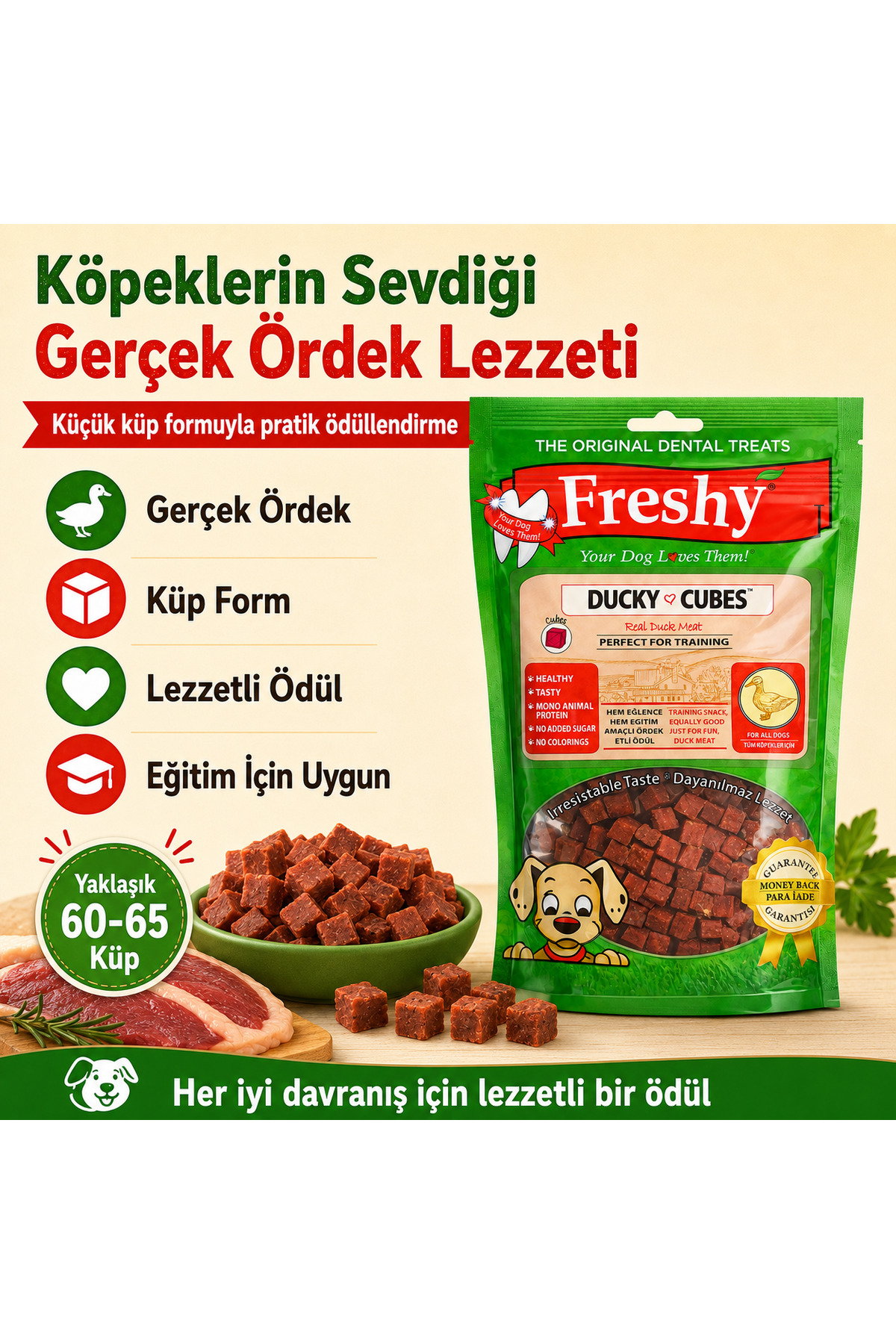 تشویقی مکعبی سگ Ducky Cubes از فرشی Freshy، با طعم اردک و خرگوش، ۸۰ گرم