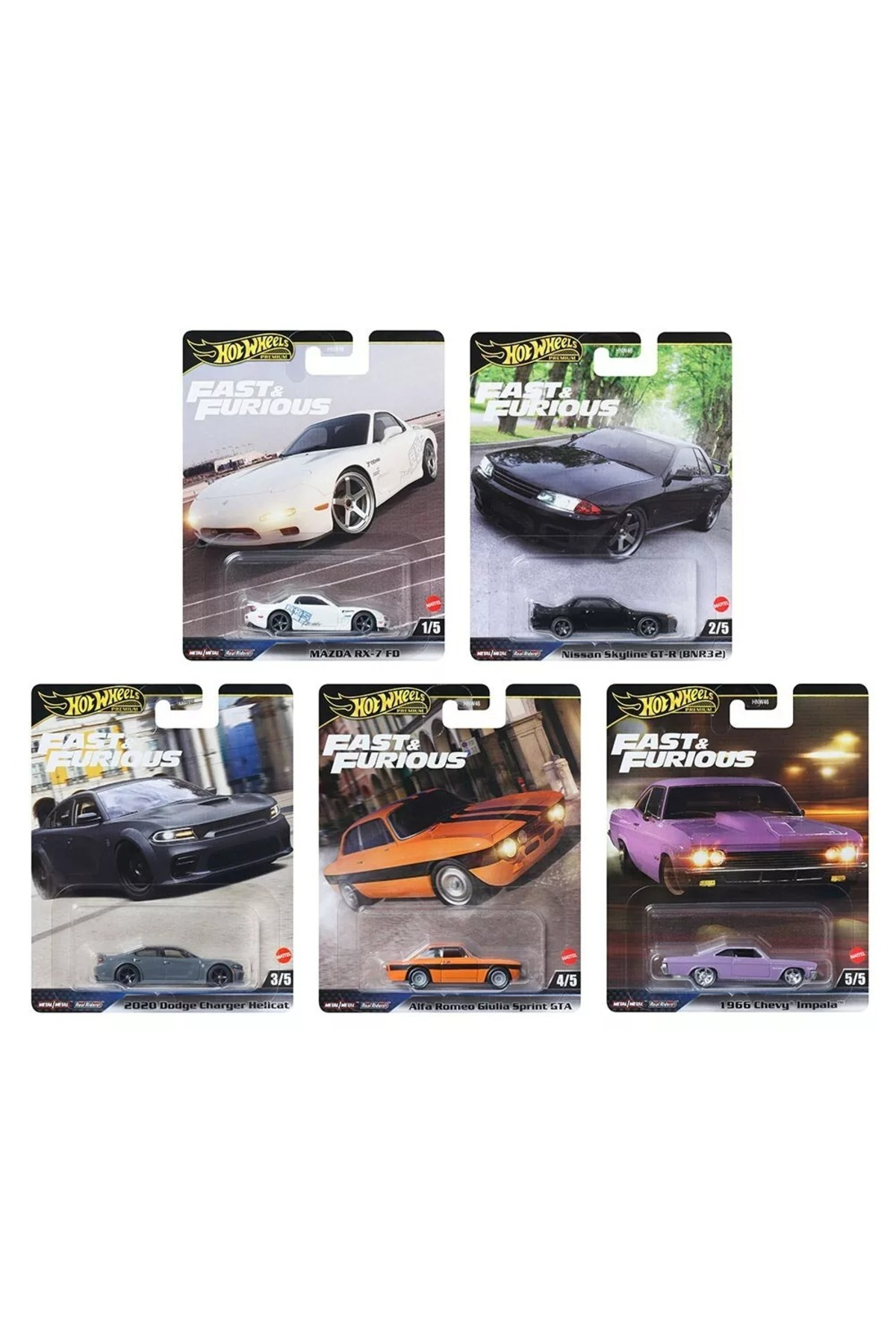 ماشین اسباب بازی مجموعه خودروی 5 تکه پریمیوم FAST & FURIOUS – RX 7 SKYLINE GT R CHARGER GIULIA IMP از ترکیه HOT WHEELS