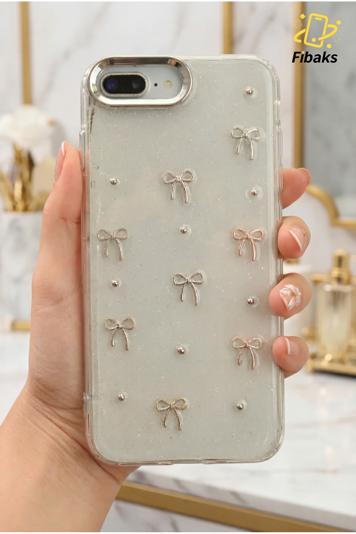 کاور و قاب محافظ APPLE IPHONE 7 8 PLUS کمان طرح شفاف براق دوربین فیبکس Fibaks