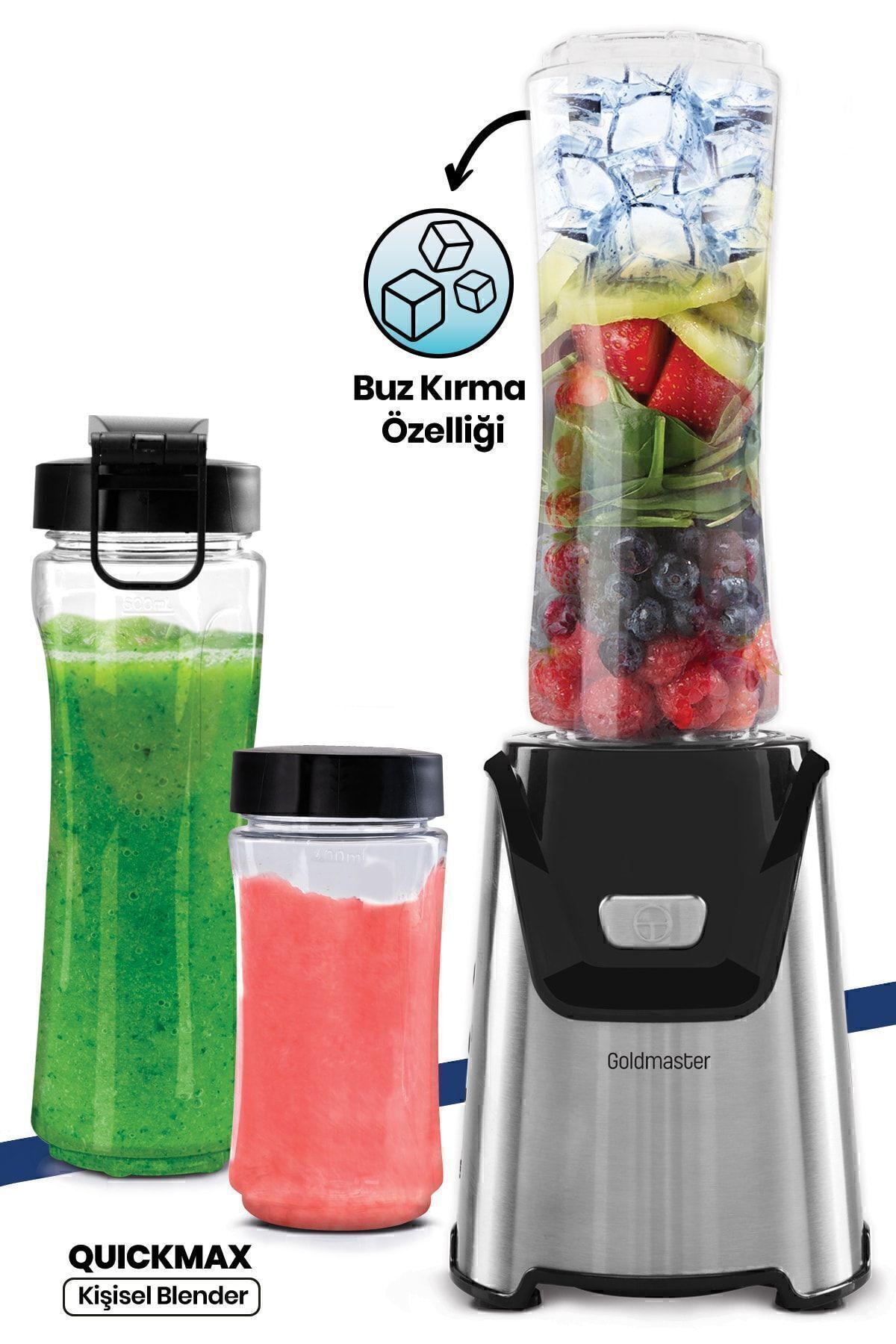مخلوط کن شخصی اسموتی بلندر با ویژگی QUICKMAX ICE CRUSHING INOX 2 PIECES BPA FREE TRITAN BOTTLE اورجینال GoldMaster