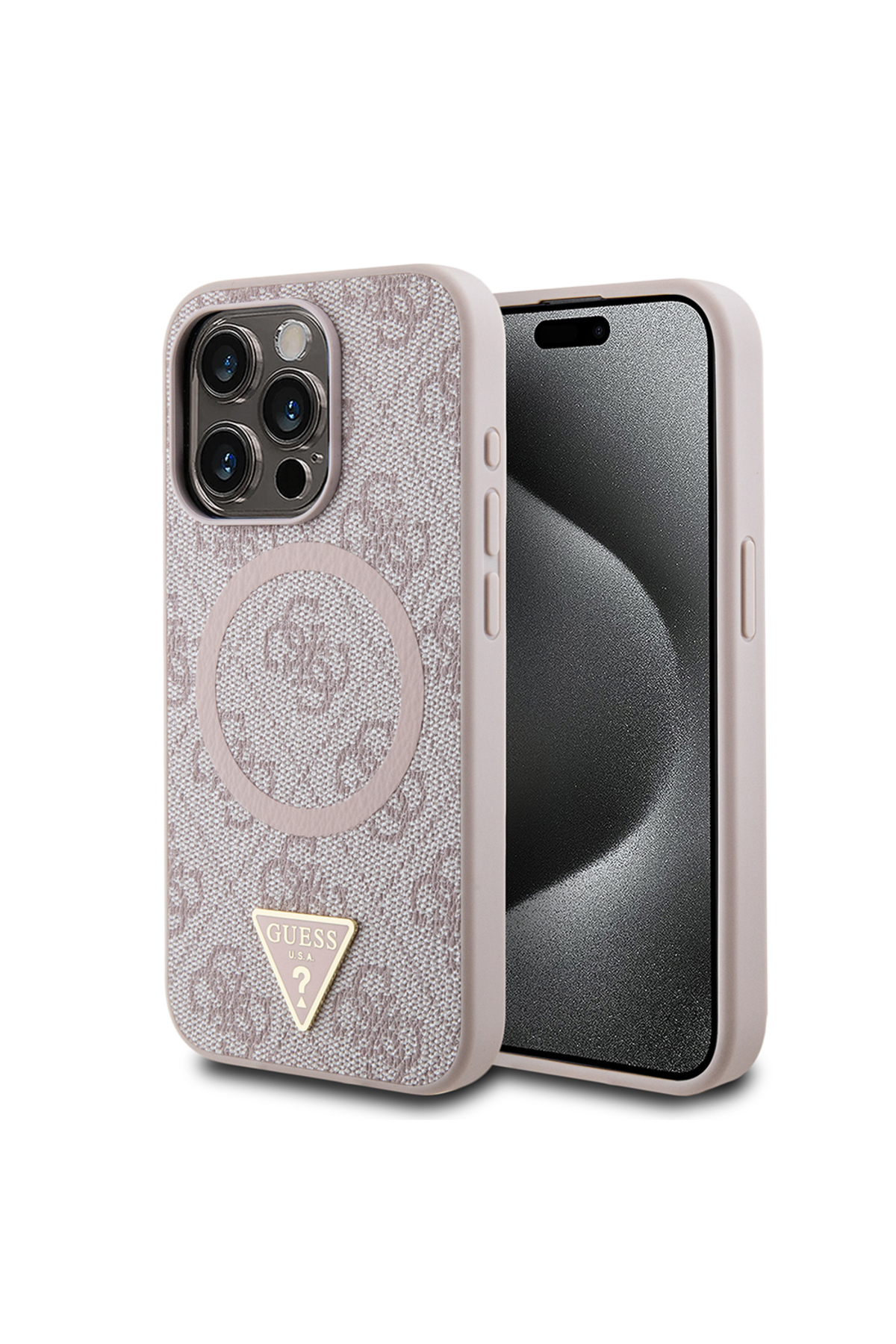 کاور و قاب 15 PRO COMPATIBLE CASE GUESS LICENSED MAGSAFE CHARGING LOGO برجسته PU TRIANGLE 4G جلد طرح دار صورتی اورجینال Guess
