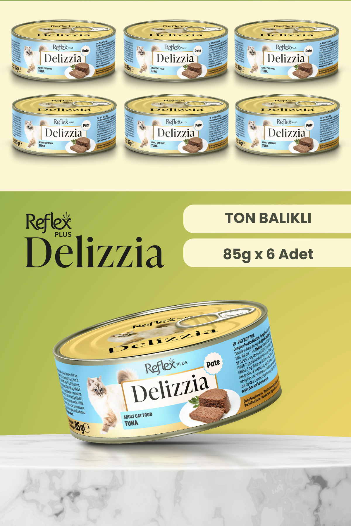 غذای کنسروی گربه بالغ با تن ماهی خردشده، ۶ قوطی ۸۵ گرمی، رفلکس Reflex Plus Delizzia