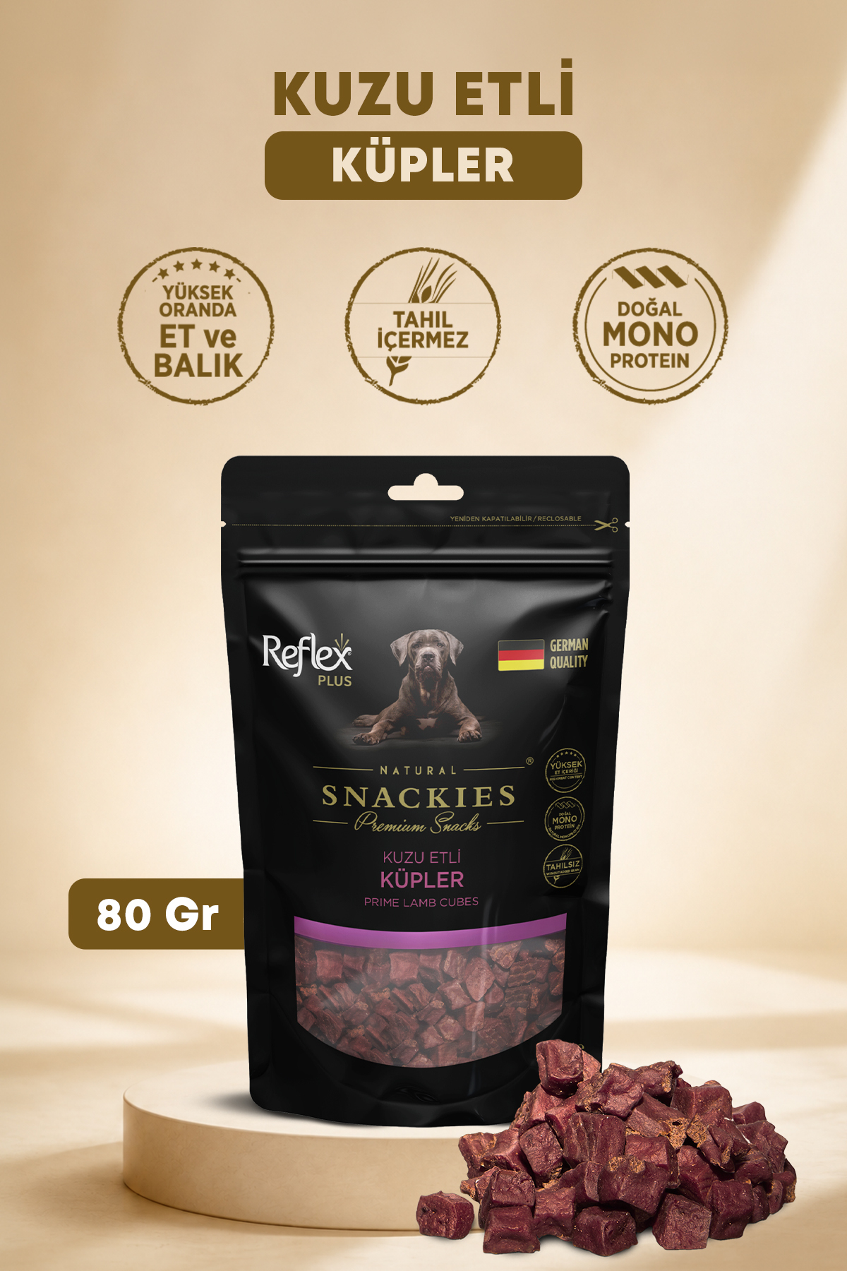 تشویقی مکعبی سگ رفلکس Reflex، سری Plus Snackies Natural، طعم بره، ۸۰ گرم