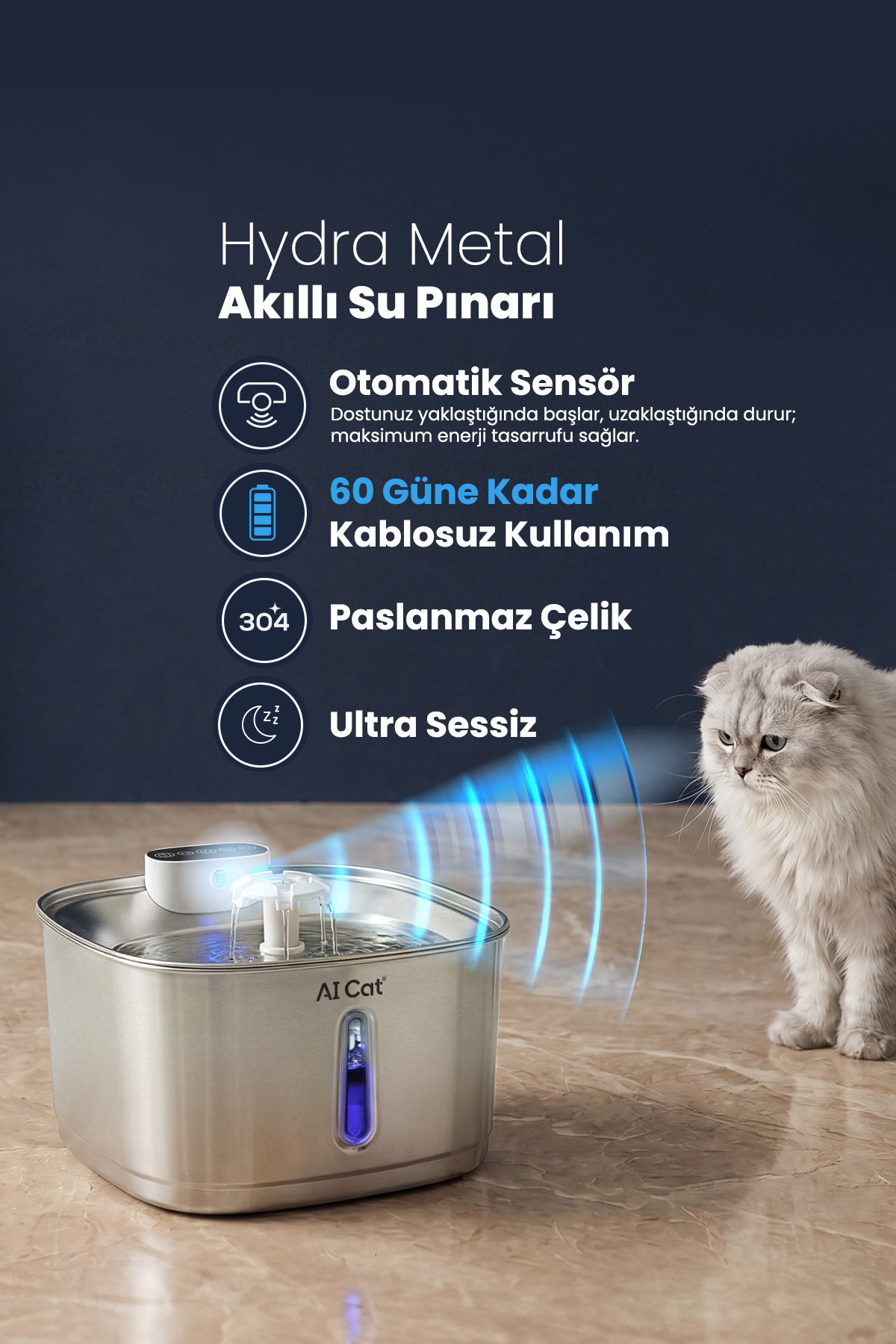 ست هوشمند غذادهی و آب‌خوری ای‌آی کت AI Cat مدل twinhydra؛ ظرف غذای خودکار دو دوربینه و فواره آب حسگر‌دار فولادی سفید