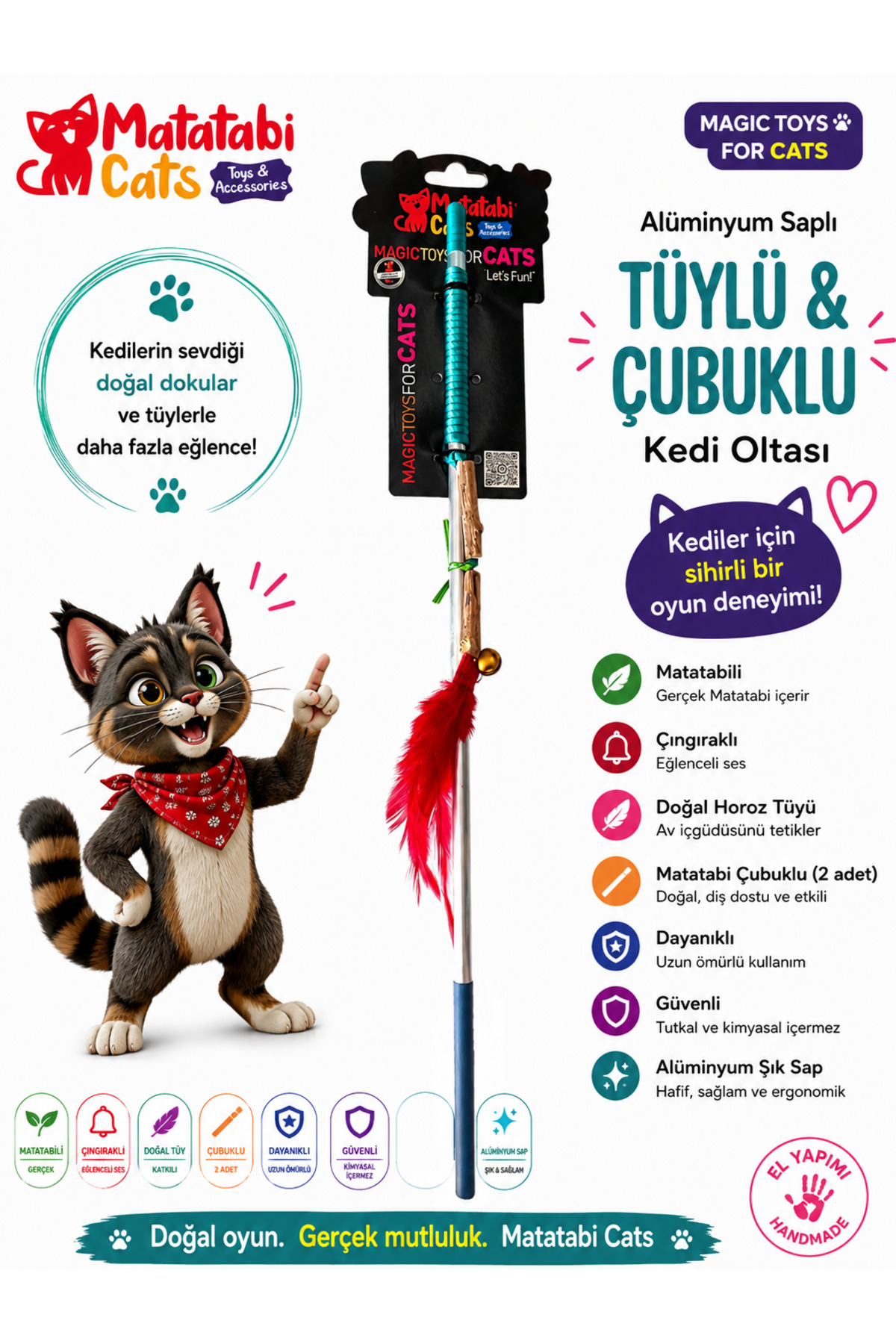 اسباب‌بازی چوب‌دار گربه با پر و زنگوله، ۵۰ سانتی‌متر، ماتاتابی کتس MATATABİ CATS قرمز