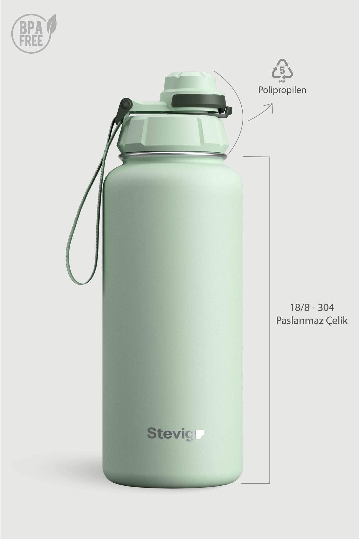 فلاسک 1 قمقمه فولادی ضد نشتی دستی 1000 میلی لیتری SMOKE GREEN ST 218 اورجینال Stevig