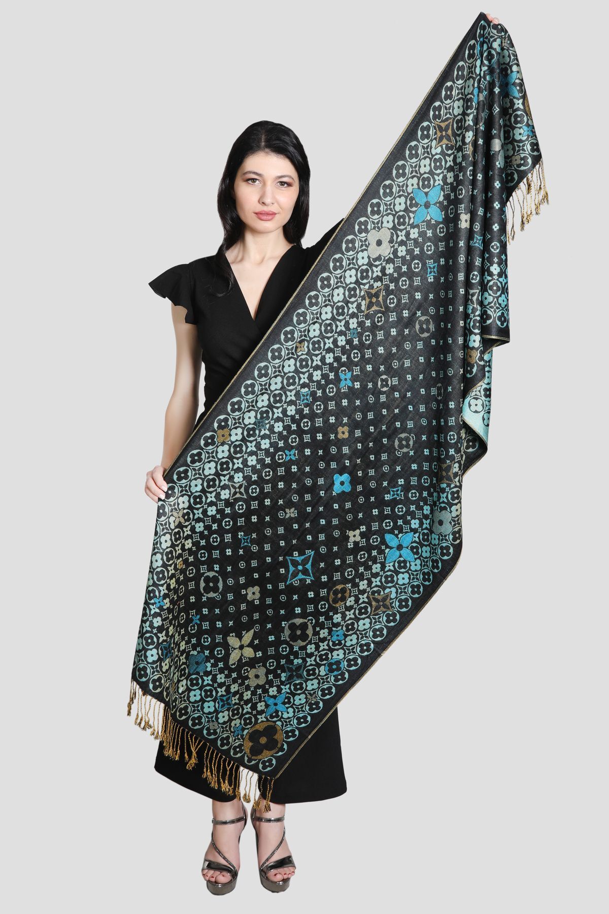 شال پشمینه میستیک Mystic مشکی و فیروزه‌ای مدل MS-350