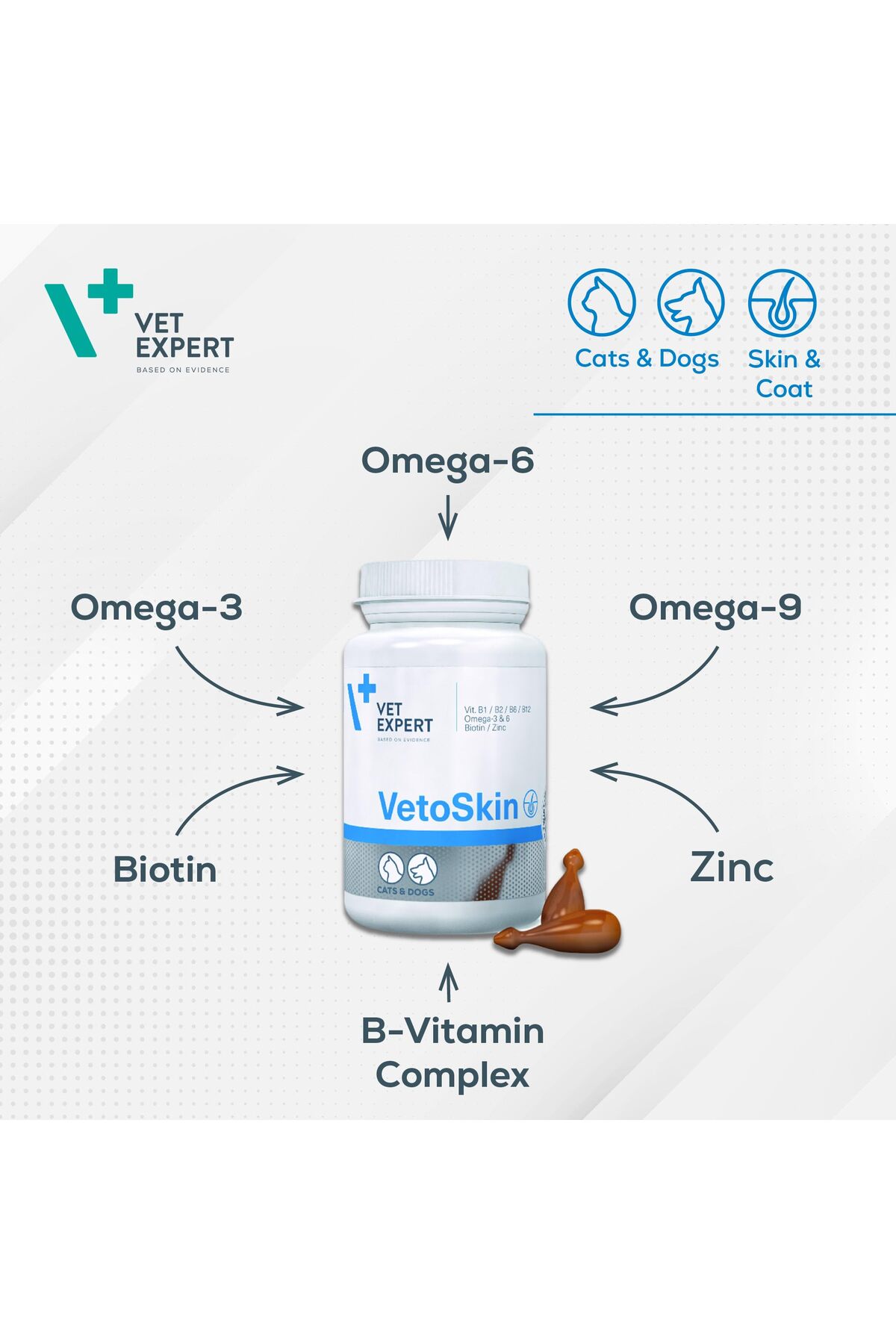 کپسول مکمل پوست و موی حیوانات وت اکسپرت vet expert Vetoskin، ۹۰ کپسول