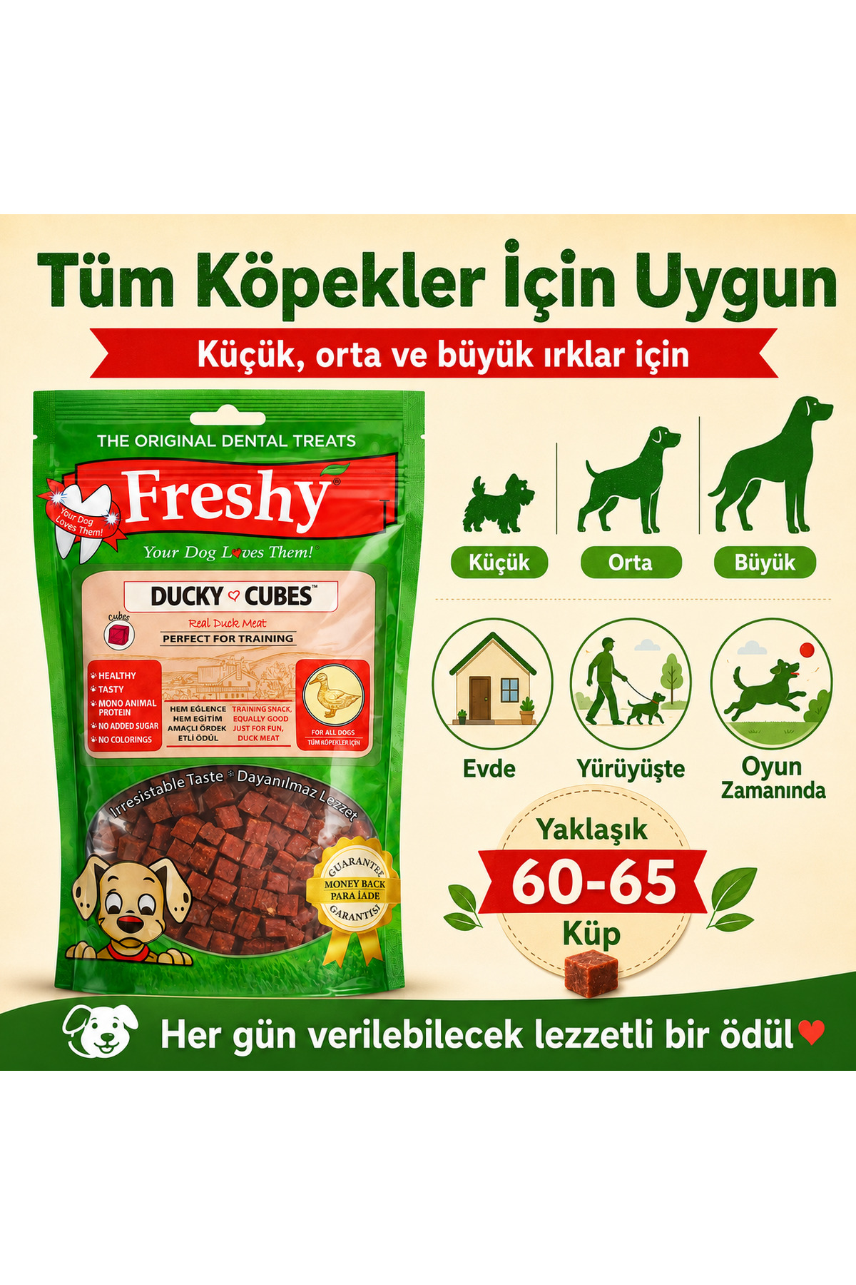 تشویقی مکعبی سگ Ducky Cubes از فرشی Freshy، با طعم اردک و خرگوش، ۸۰ گرم