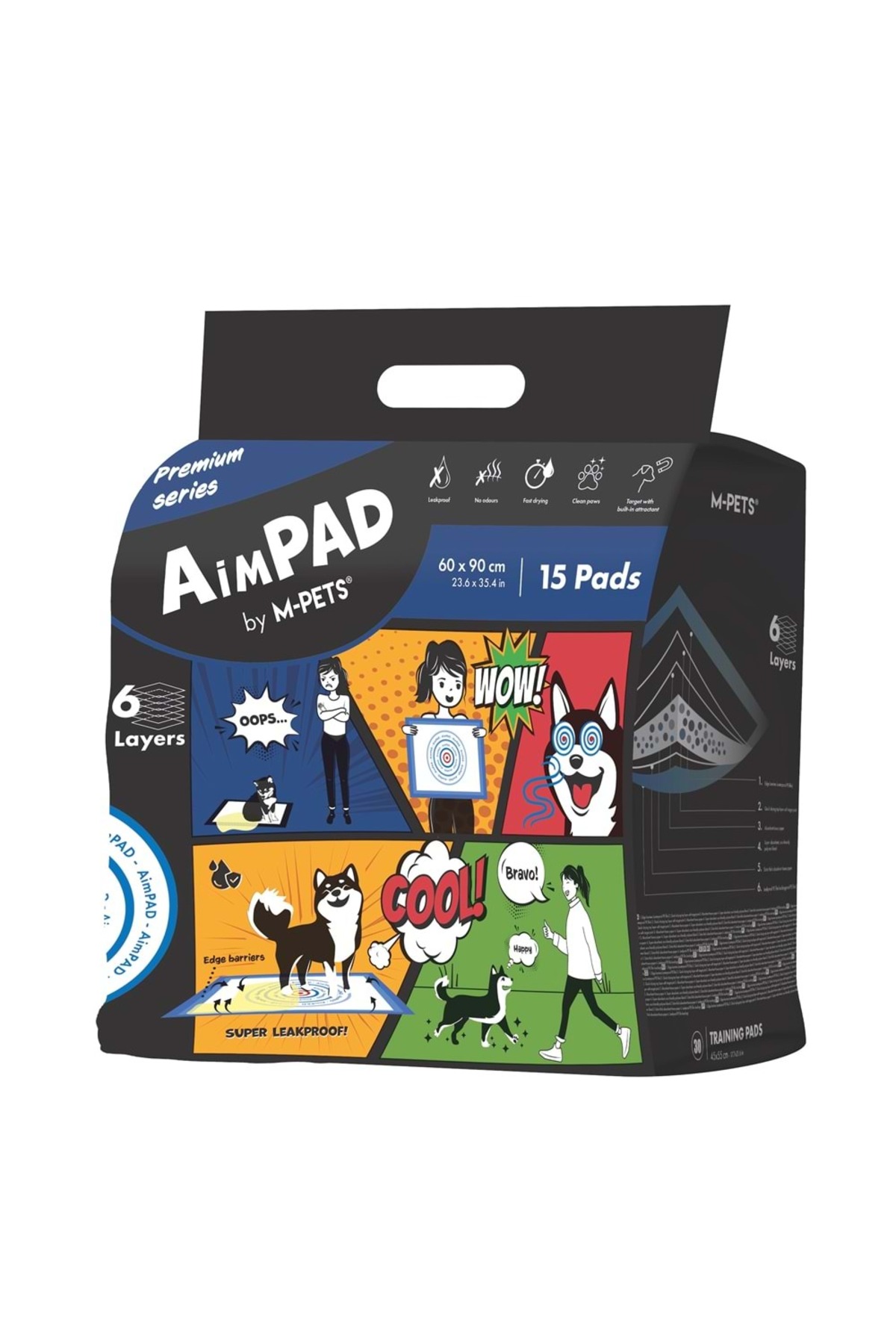 پد آموزش ادرار سگ ام‌پتس M-PETS سری AİMPAD، ۶۰×۹۰ سانتی‌متر، بسته ۱۵ عددی