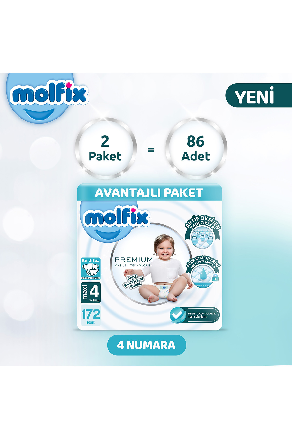 پوشک بچه پکیج پرمیوم مزیت 4 سایز 172 عدد اورجینال Molfix