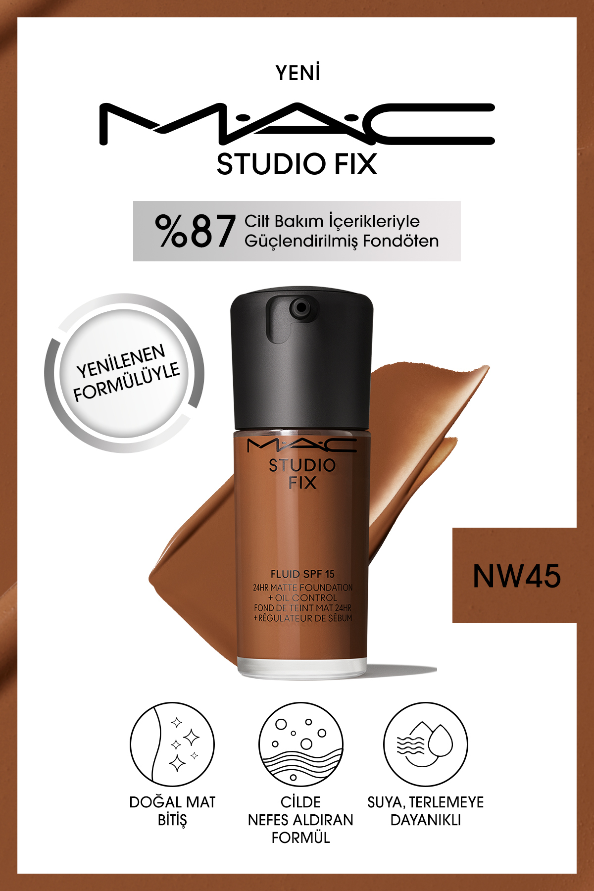 کرم پودر بنیاد MATT دائمی تا 24 ساعت استودیو رفع سیال SPF15 رنگ: NW45 30ML Mac