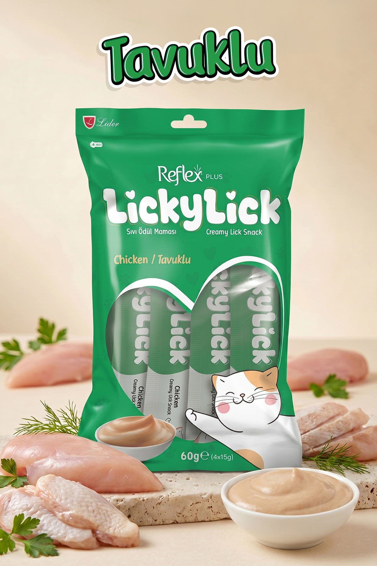 تشویقی کرمی گربه رفلکس Reflex Plus LickyLick با طعم مرغ، ۶۰ گرم (۴ × ۱۵ گرم)