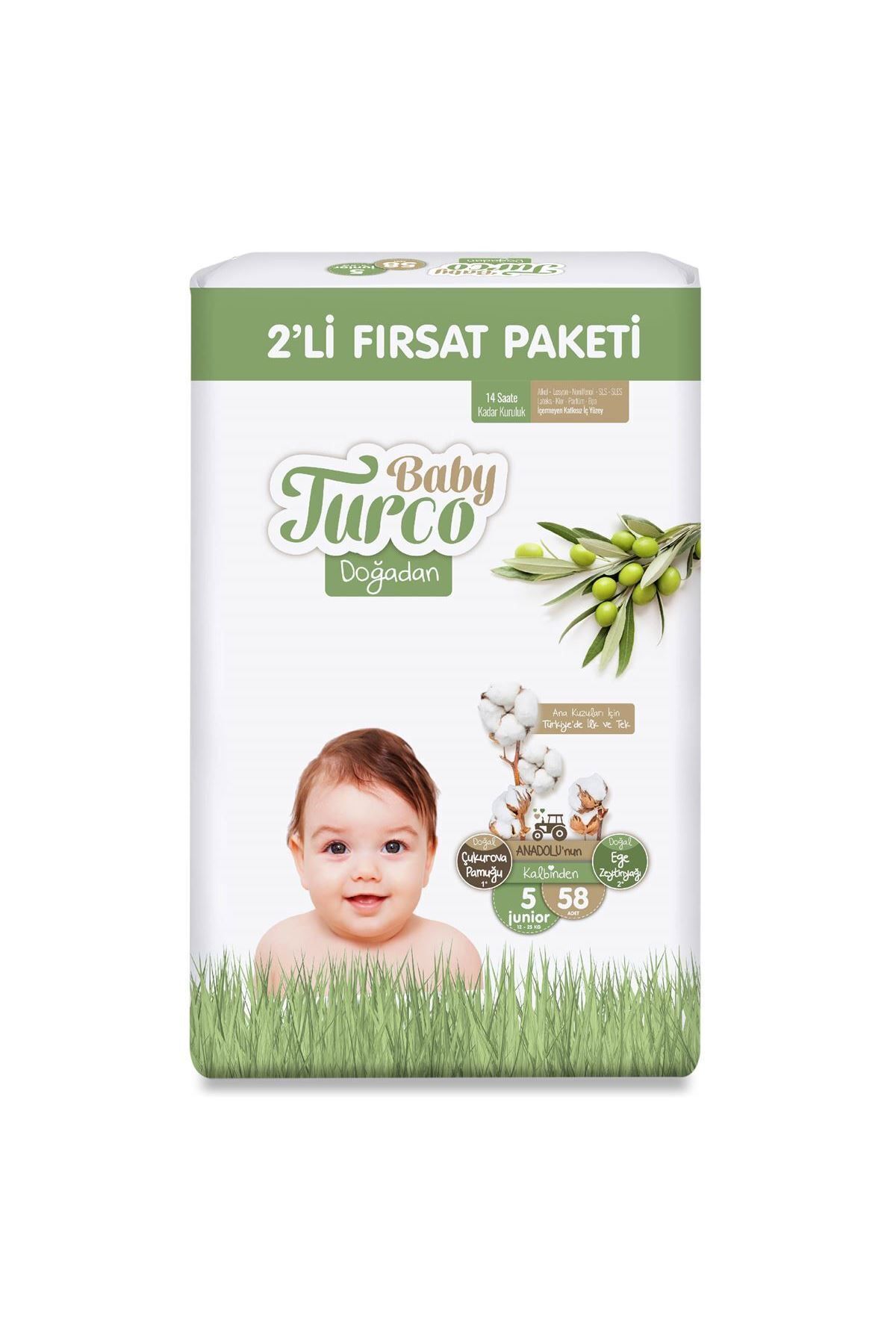 پوشک بچه بسته فرصت 2 تکه سایز 5 جونیور 58 عددی اورجینال Baby Turco