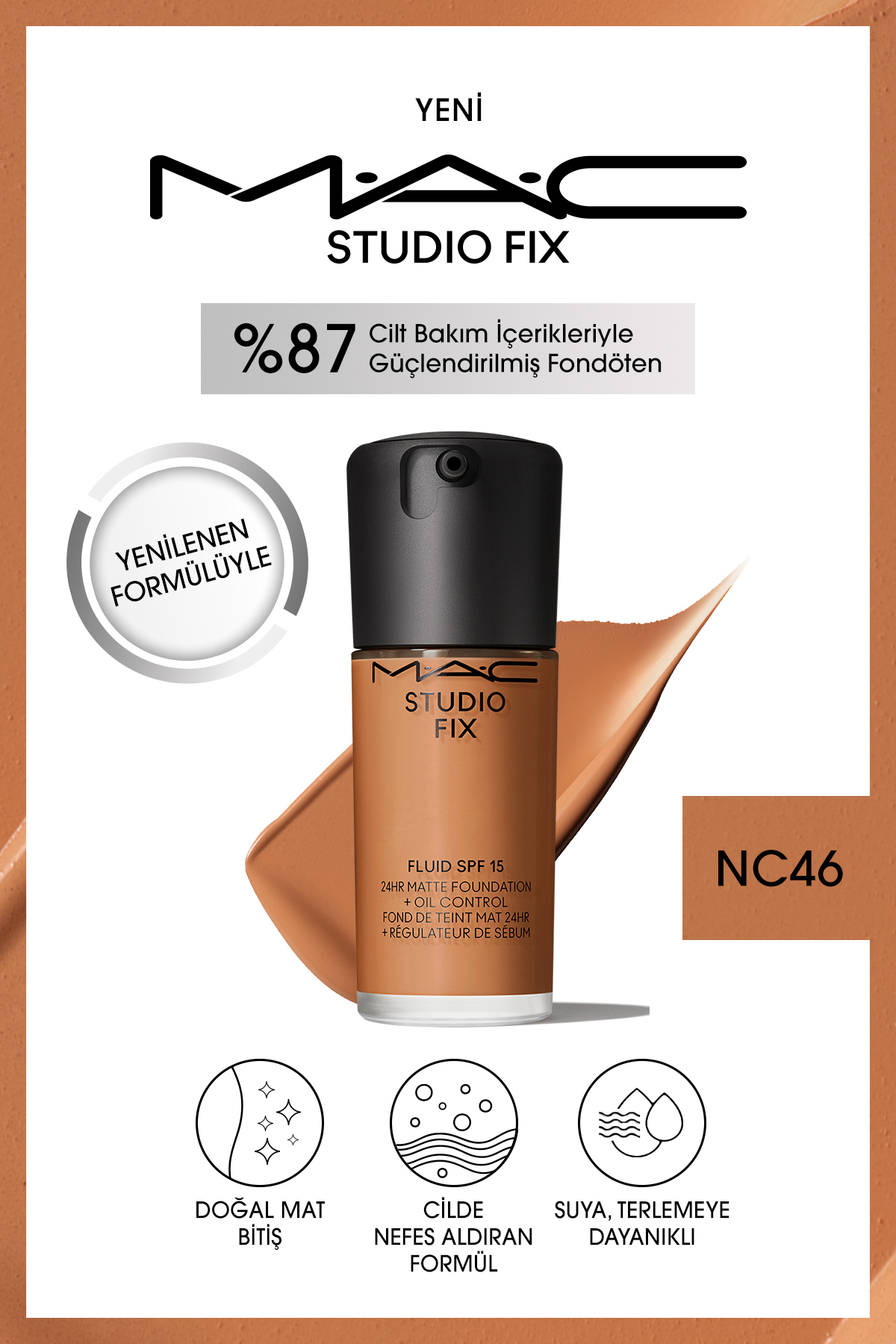 کرم پودر بنیاد MATT دائمی تا 24 ساعت استودیو رفع سیال SPF15 رنگ: NC46 30ML Mac