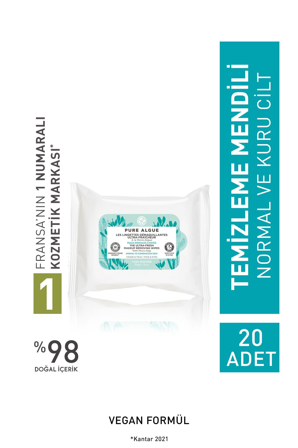 دستمال مرطوب پاک کننده آرایش Pure Algue- مرطوب کننده و طراوت بخش 25عددی ایوروشه Yves Rocher
