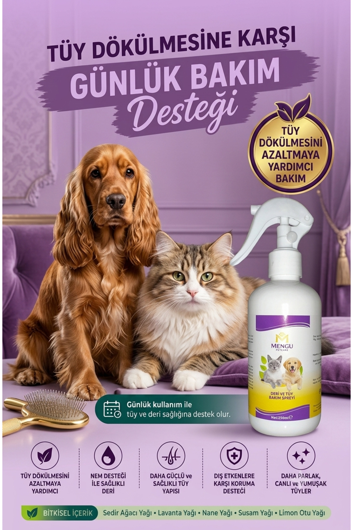 اسپری گیاهی گره‌بازکن و مراقبت از مو و پوست سگ و گربه منگو پت‌کر Mengu Petcare، ۲۵۰ میلی‌لیتر