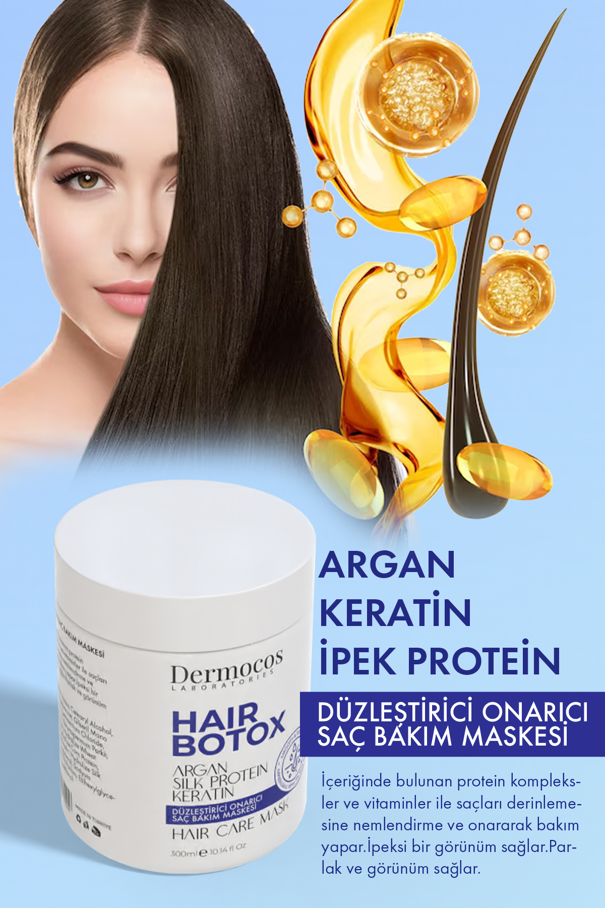 ماسک موی کراتین 300 میلی‌لیتری با پروتئین ابریشم و آرگان برای مراقبت عمیق از مو Dermocos