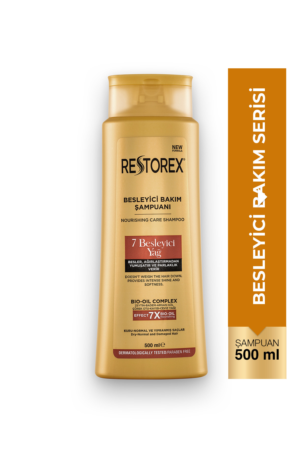 شامپو مراقبت و تغذیه کننده 500 میلی لیتر با 7 روغن مغذی برای درخشندگی و نرمی ابریشمی Restorex
