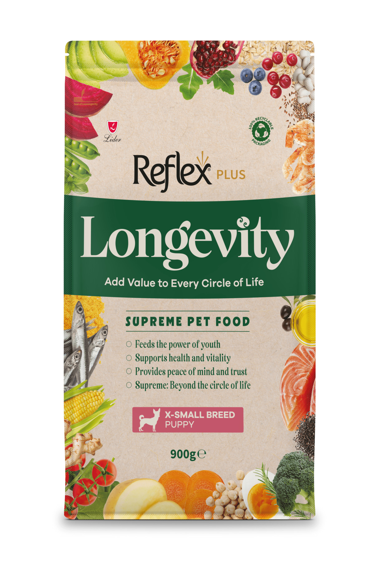 غذای خشک توله‌سگ‌های نژاد بسیار کوچک رفلکس Reflex Plus Longevity، ۹۰۰ گرم