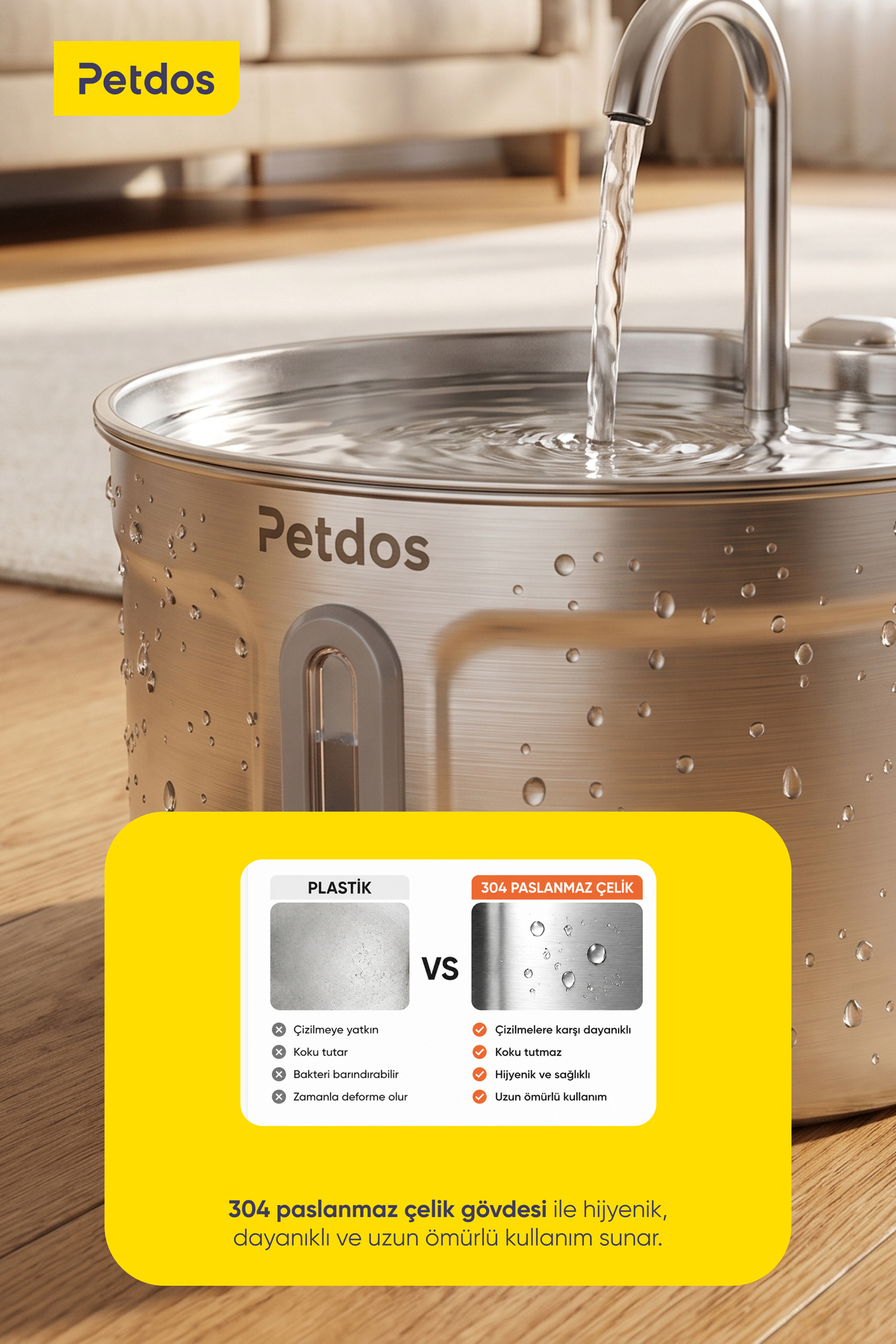 آبنمای اتوماتیک سگ و گربه پت‌دوس Petdos Aqua Pure، مدل PD-S101، ظرفیت ۲٫۲ لیتر، فولاد ضدزنگ 2.2 L