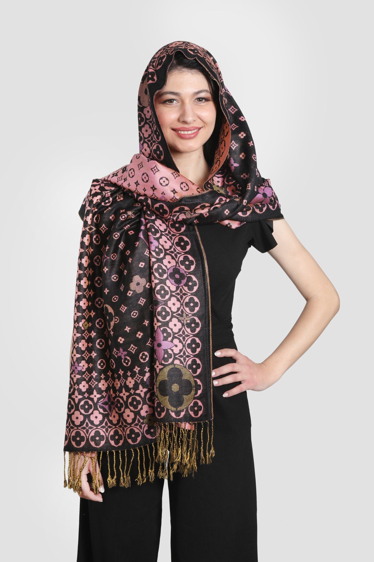 شال پاشمینا زنانه میستیک Mystic، مشکی و صورتی، مدل MS-354