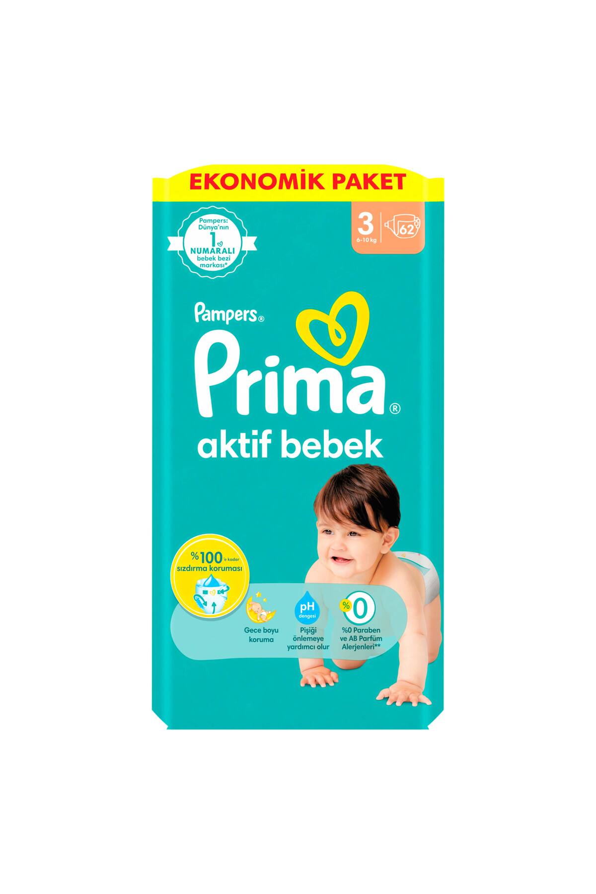 پوشک بچه اکتیو سایز 3 میدی 62 بسته اورجینال Prima