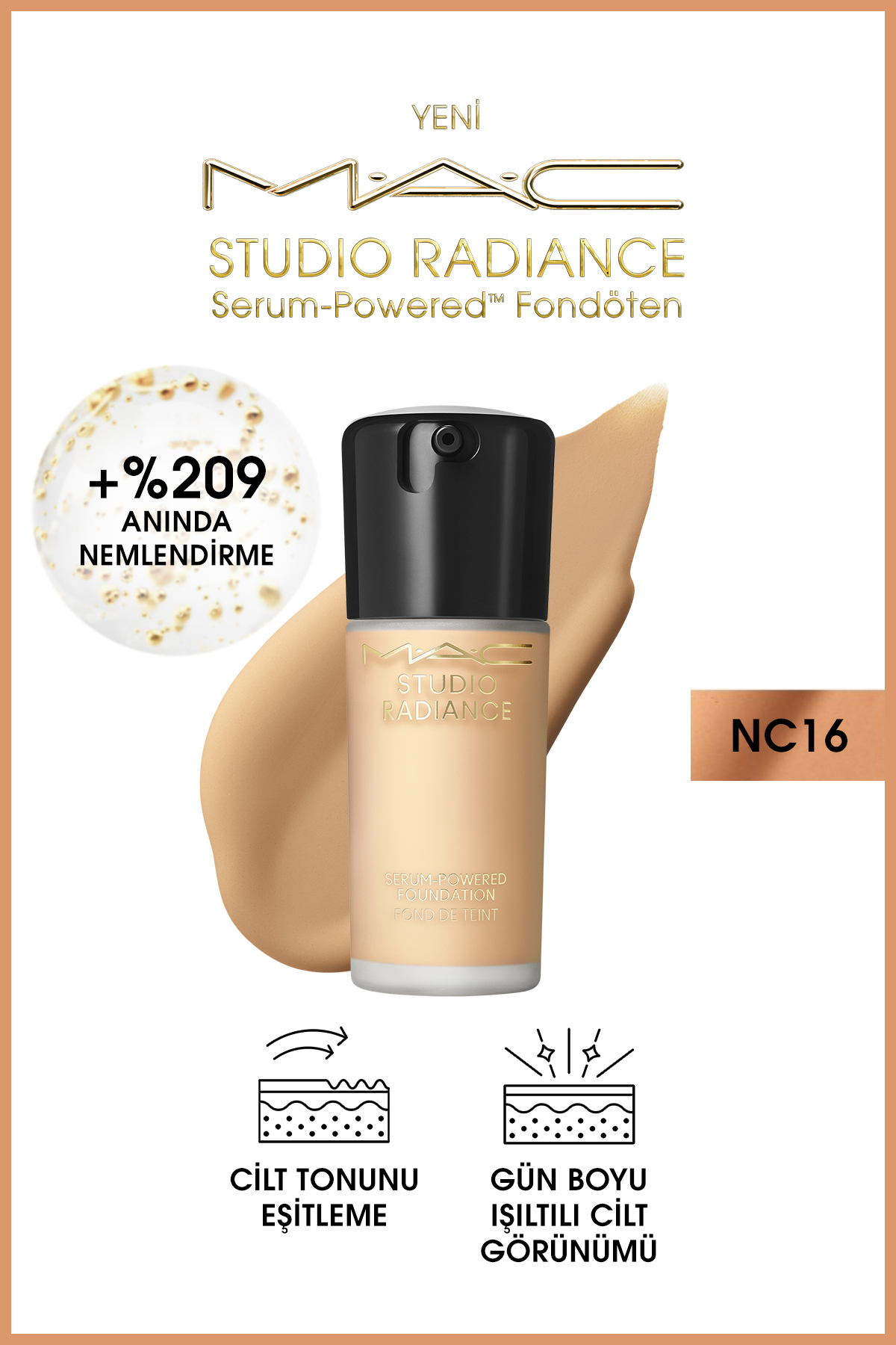 Mac کرم پودر سرمی Studio Radiance حاوی مواد مغذی پوست شماره NC16 حجم 30میل