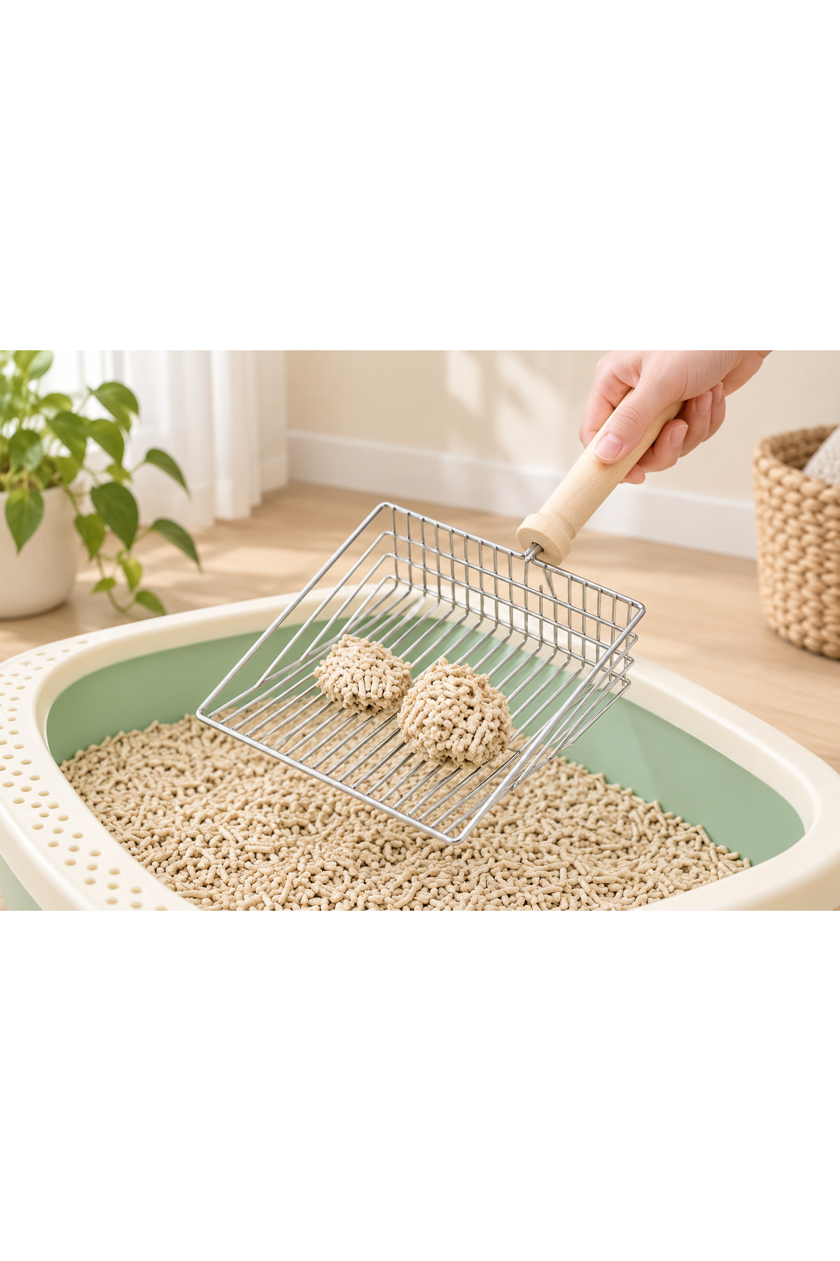 بیلچه تمیزکردن خاک گربه با دسته چوبی و سر فلزی بیبیرلی پت تداریک Bebirli Pet Tedarik نقره‌ای