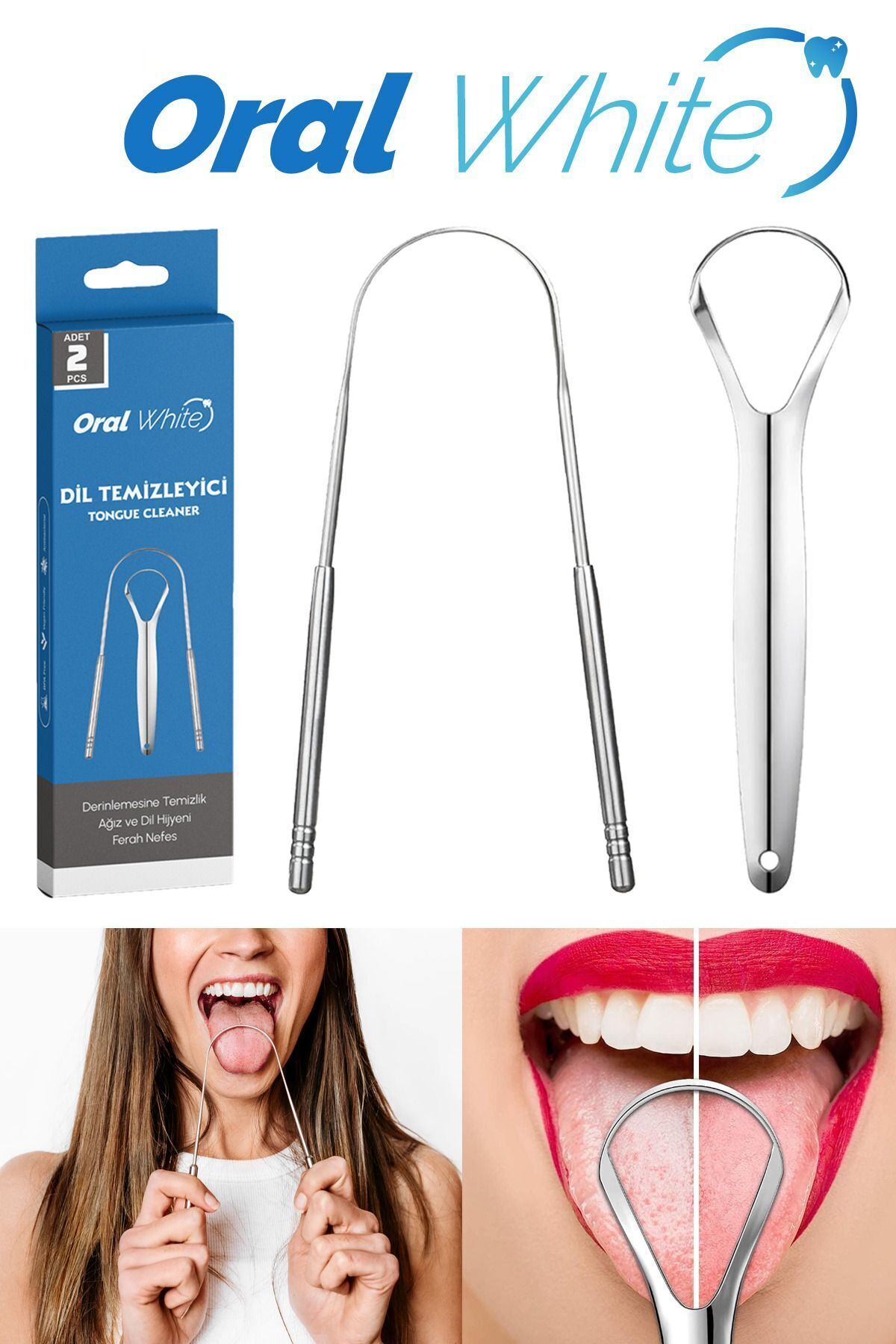 تمیزکننده و سایشنده زبان استیل ضدزنگ Oral White - ۲ تکه