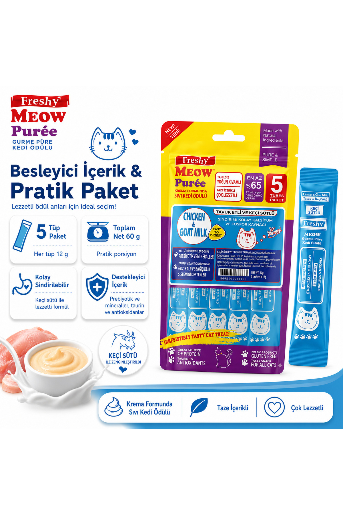 تشویقی گربه پوره خامه‌ای مرغ و شیر بز، بسته ۵ عددی فرشی Freshy Meow Gourmet Puree 60gr