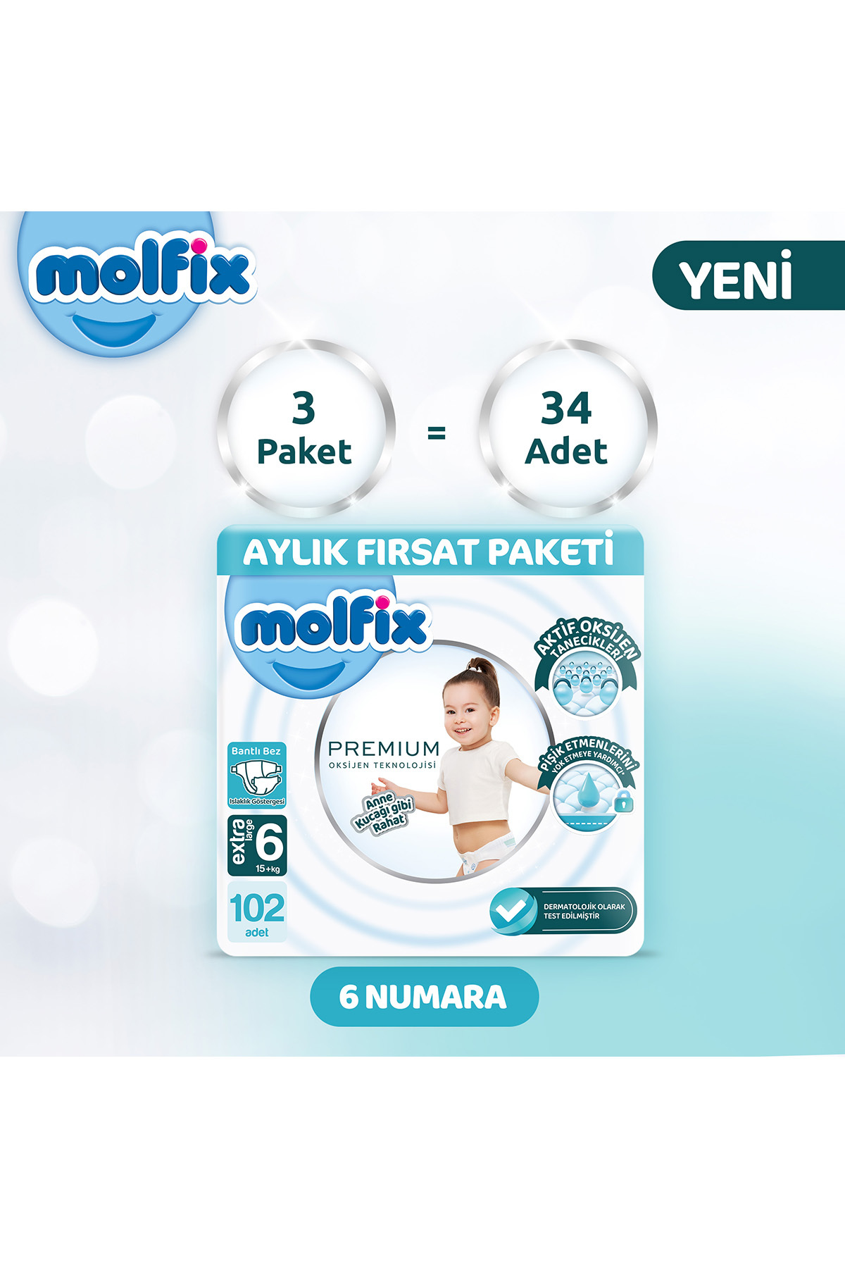 پوشک بچه پکیج فرصت ماهانه پرمیوم 6 سایز 102 عدد اورجینال Molfix
