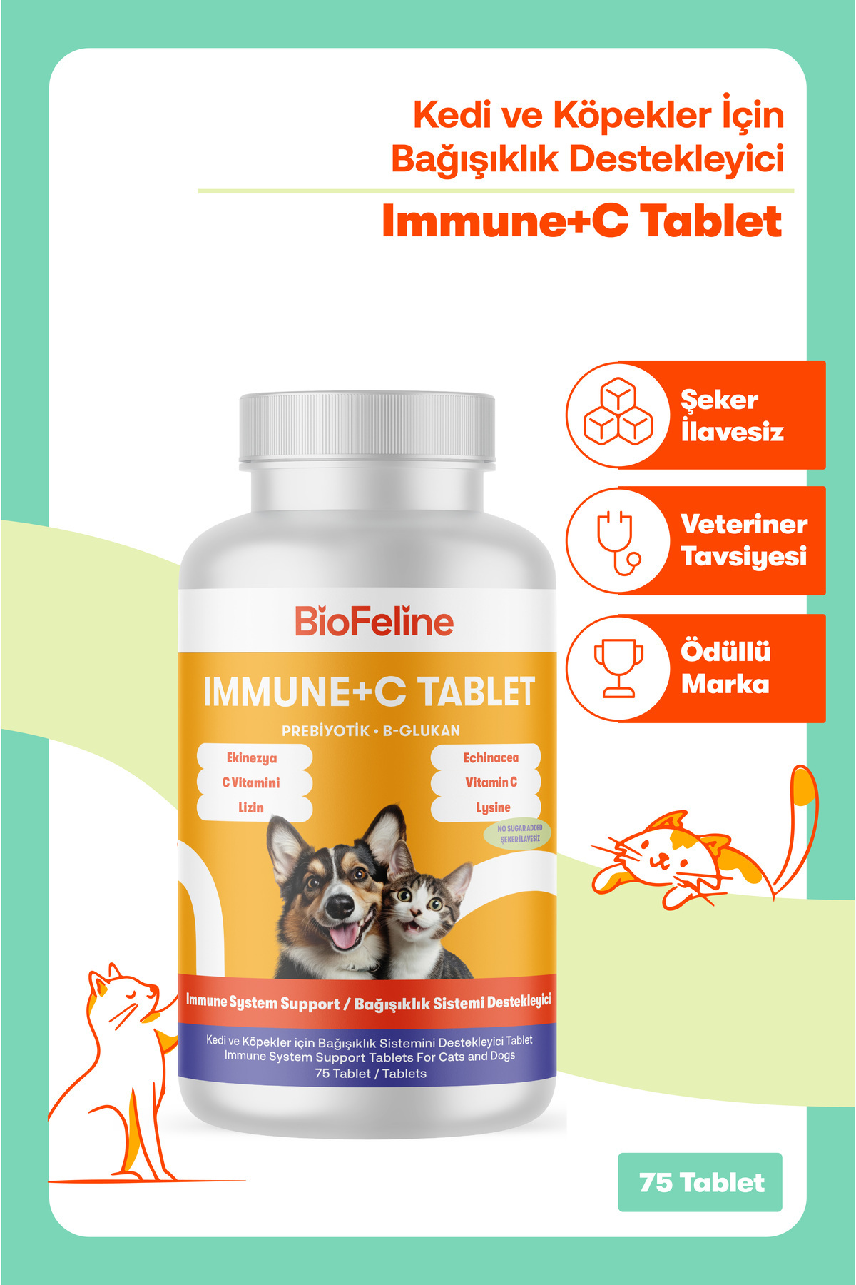 قرص مکمل مفاصل گربه و سگ بیوفلین BioFeline، حاوی گلوکزامین، MSM و Immune C، ۷۵ عدد