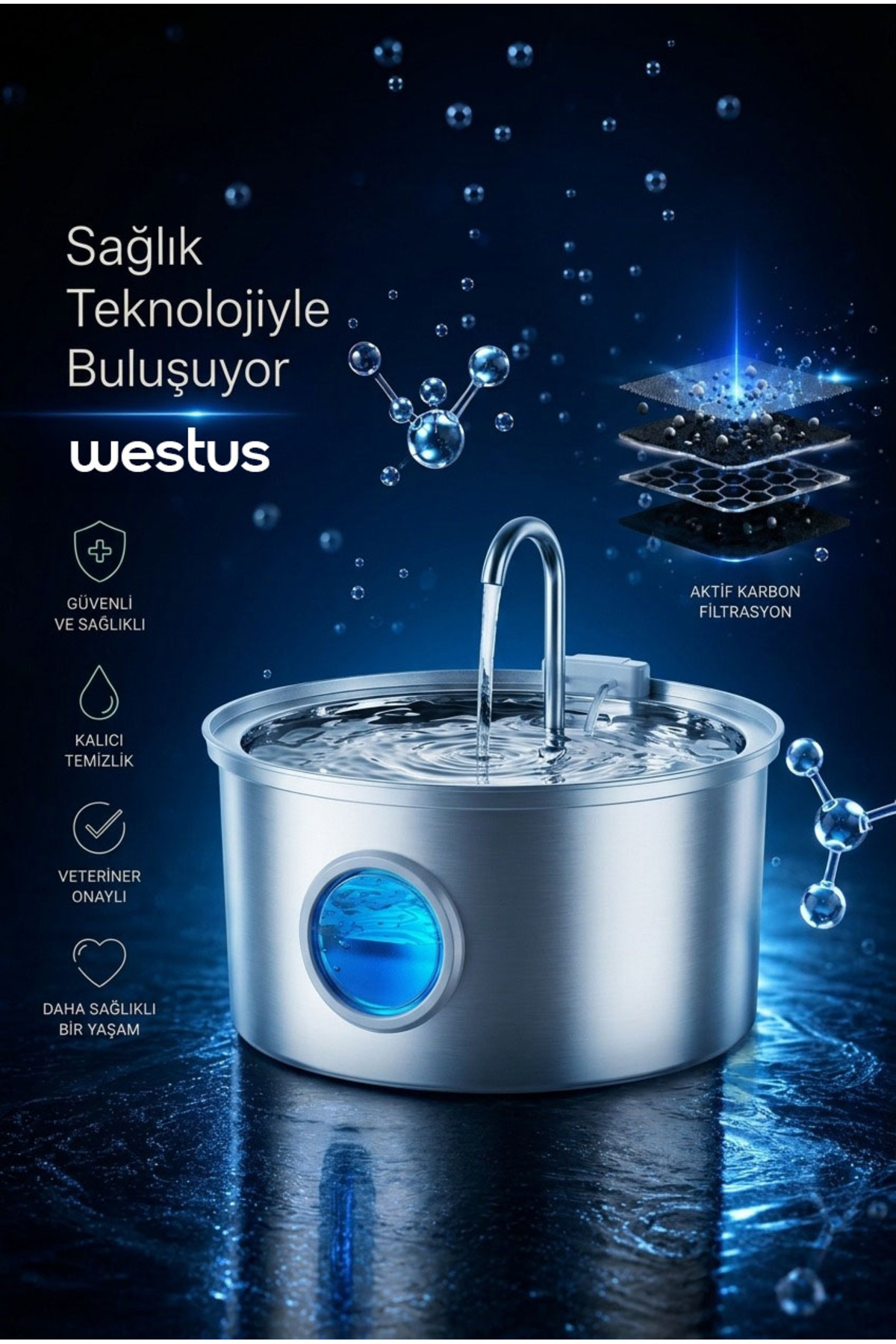 آبخوری فواره‌ای ۳٫۲ لیتری گربه و سگ وستوس Westus مدل WPT0044، استیل ضدزنگ 3.2 L