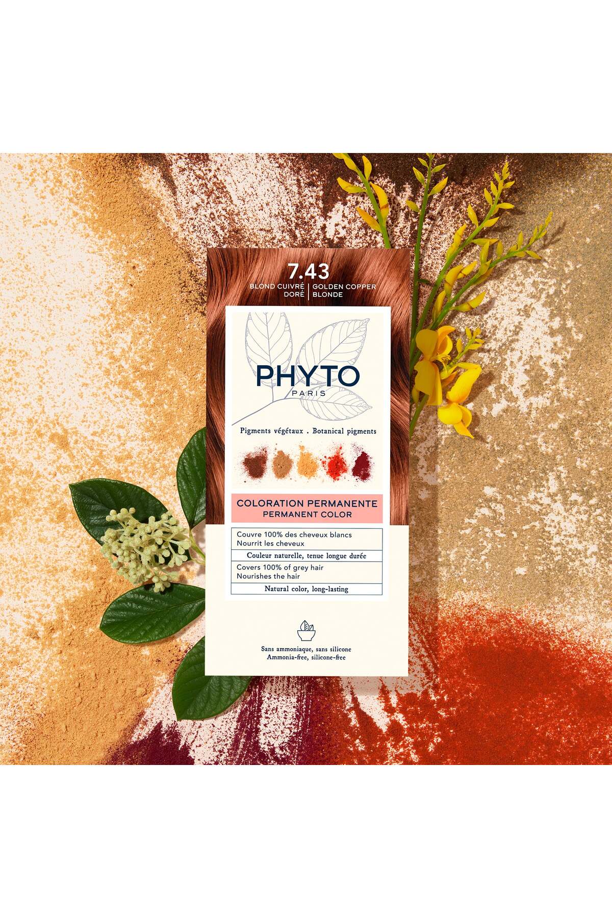 رنگ موی گیاهی بدون آمونیاک 7.43 با رنگ قهوه‌ای طلایی و نارنجی مناسب برای همه فیتو Phyto