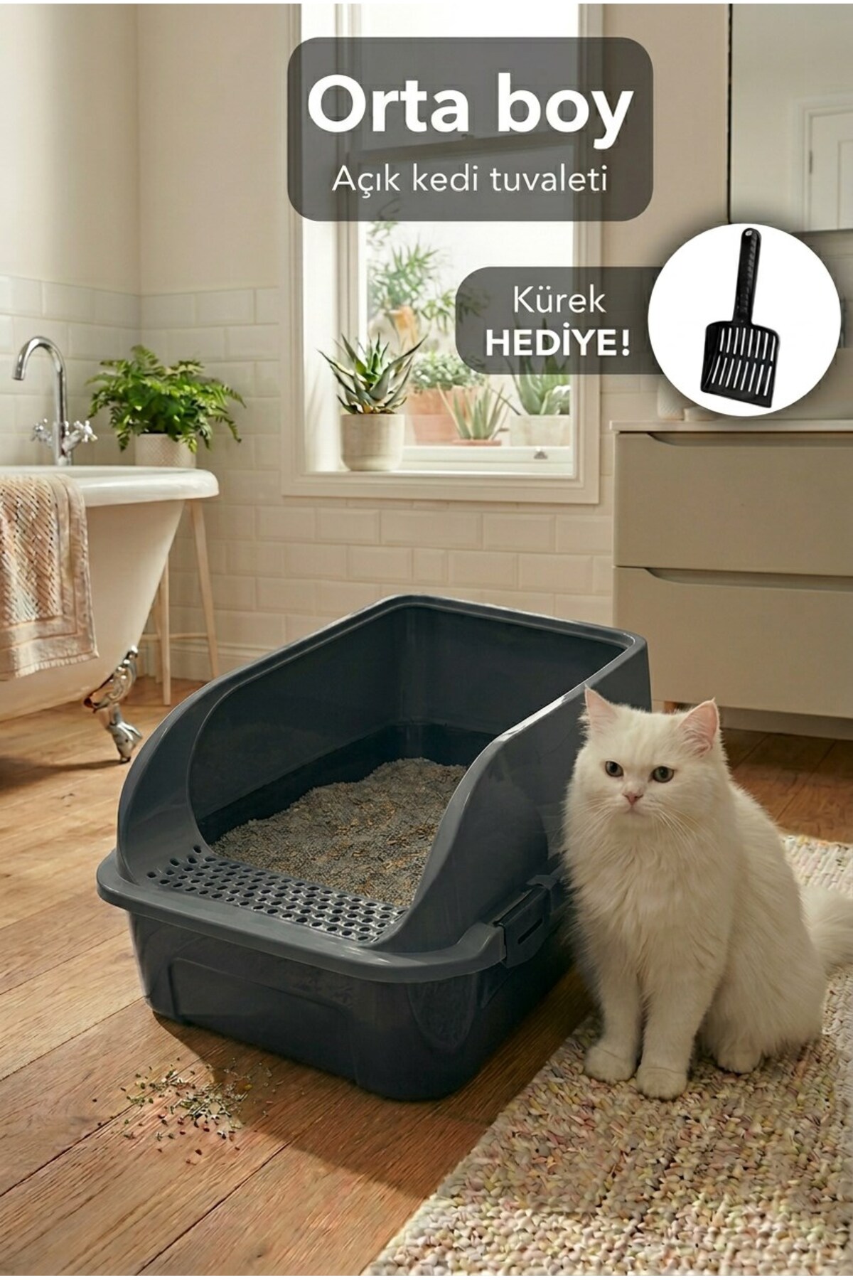ظرف خاک گربه روباز کورتبای شکل Kurtbay Şekil Comfort، ۵۲×۳۷×۲۳ سانتی‌متر، همراه بیلچه unisex متالیک