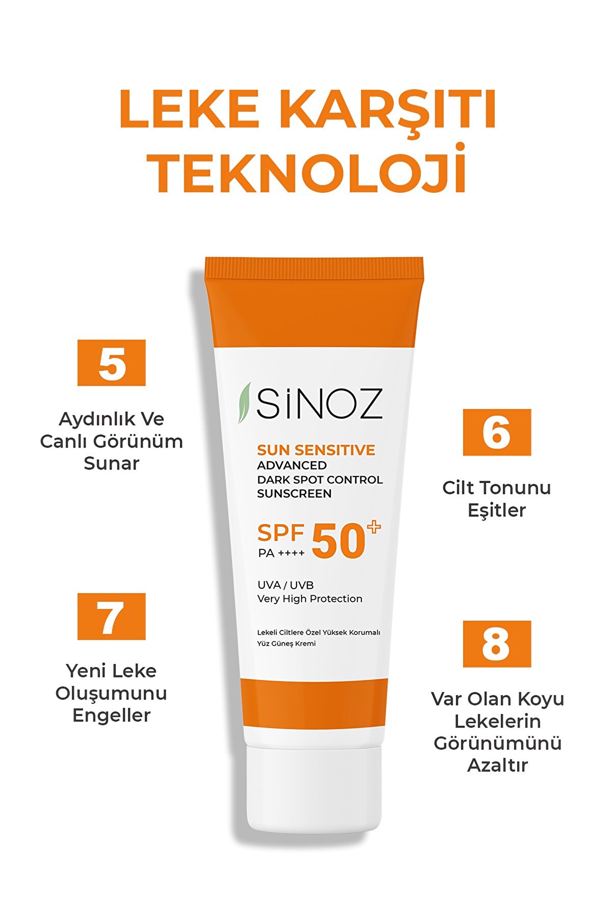 کرم ضد آفتاب صورت مخصوص پوست های لک دار Spf+50 وحجم 50 میل سینوز Sinoz