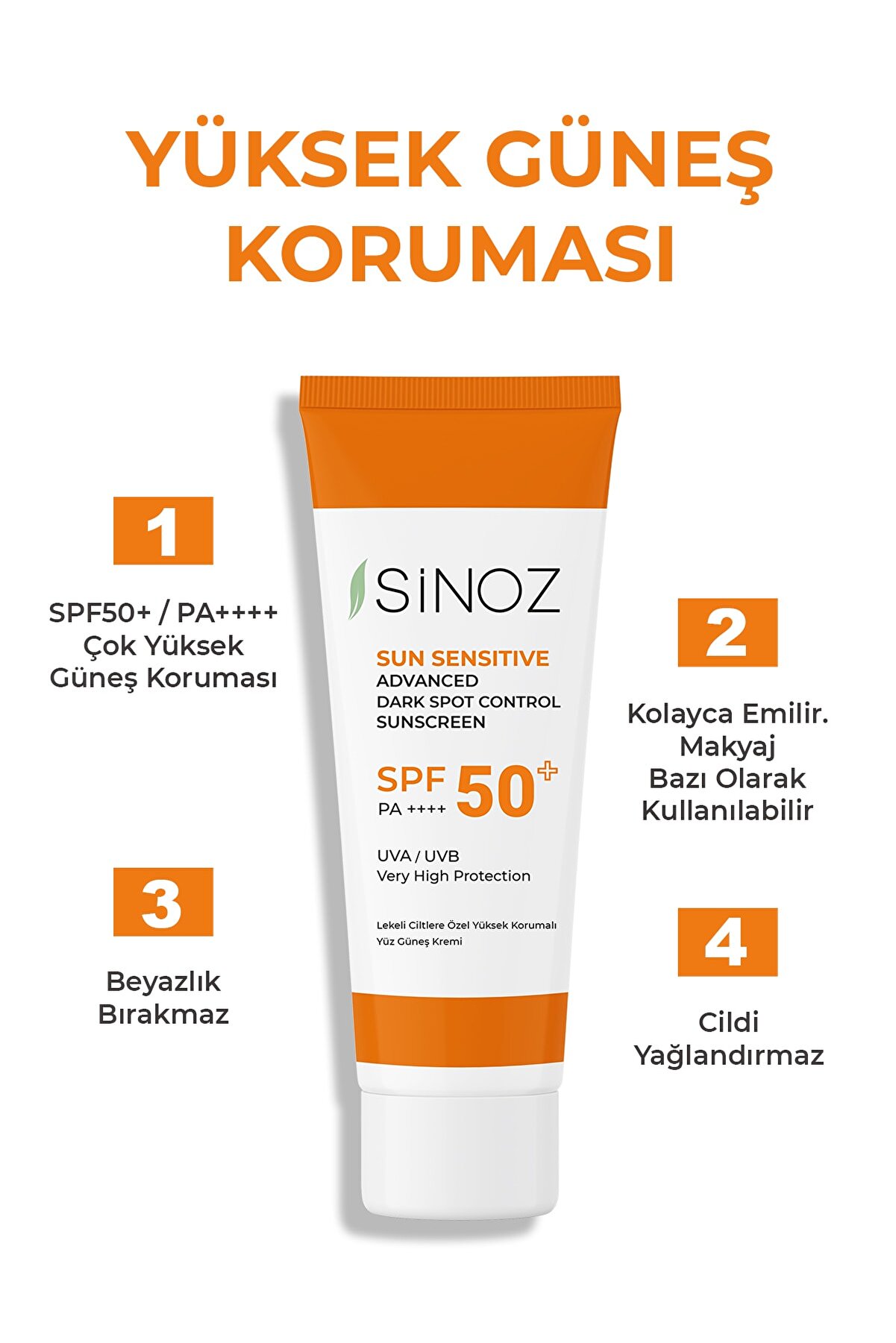 کرم ضد آفتاب صورت مخصوص پوست های لک دار Spf+50 وحجم 50 میل سینوز Sinoz