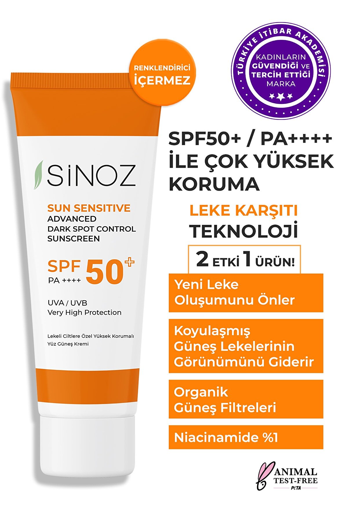 کرم ضد آفتاب صورت مخصوص پوست های لک دار Spf+50 وحجم 50 میل سینوز Sinoz