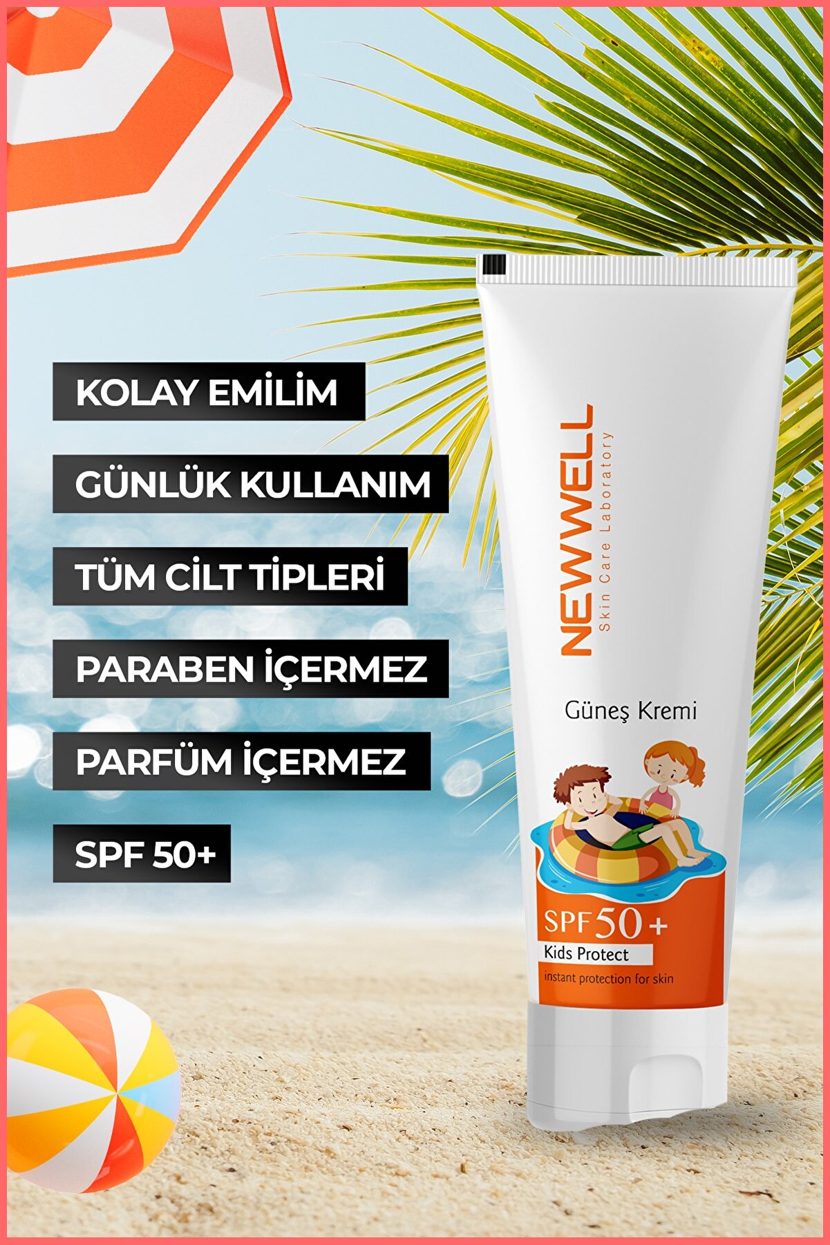 کرم ضد آفتاب کودکان با SPF+50 با حجم 50 میل نیو وال New Well