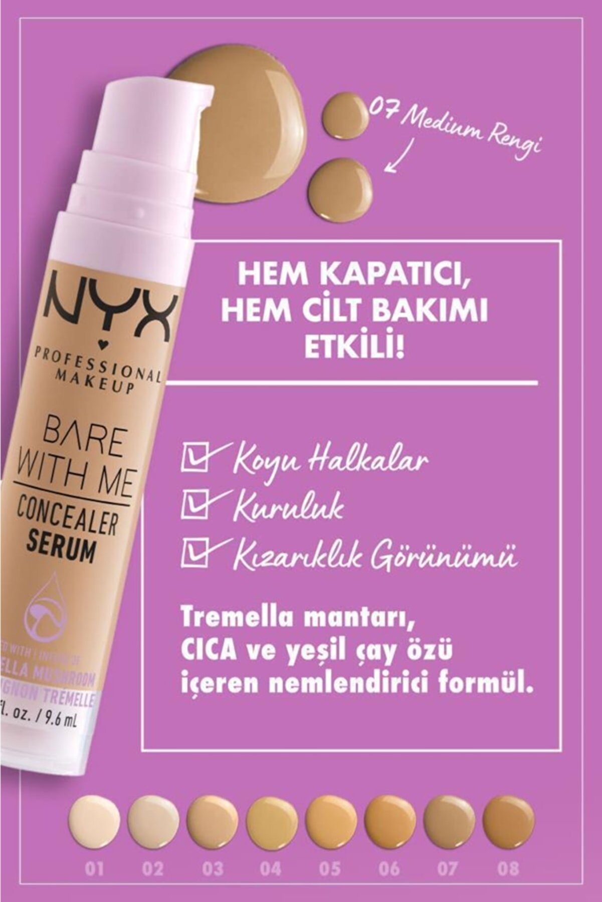 سرم کانسیلر BARE WITH ME CONCEALER SERUM رنگ 07 Medium حجم 9.6 میل نیکس NYX
