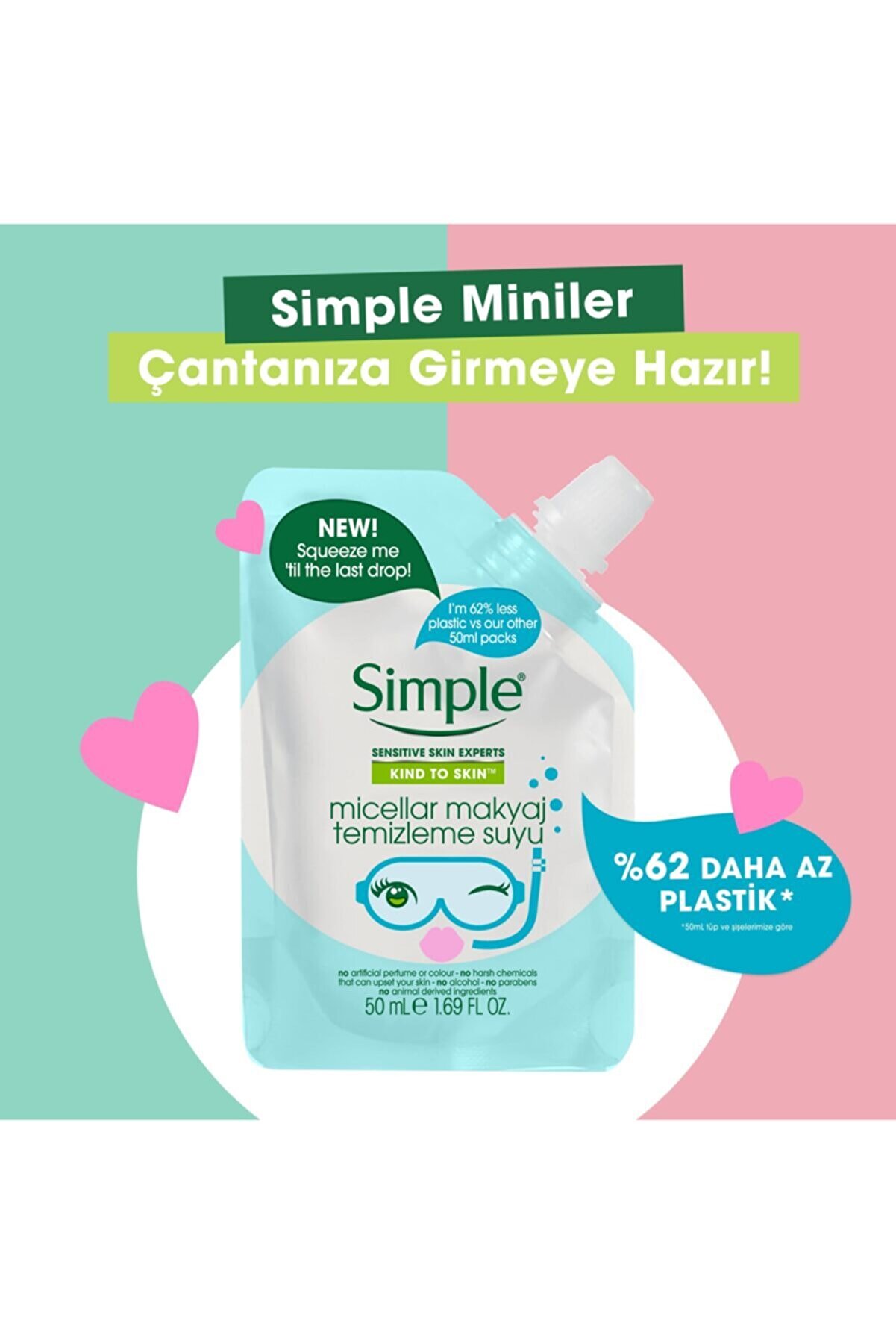 پاک کننده آرایش میسلار مینی پوست Kind To Skin حجم 50 میلی لیتر سیمپل Simple