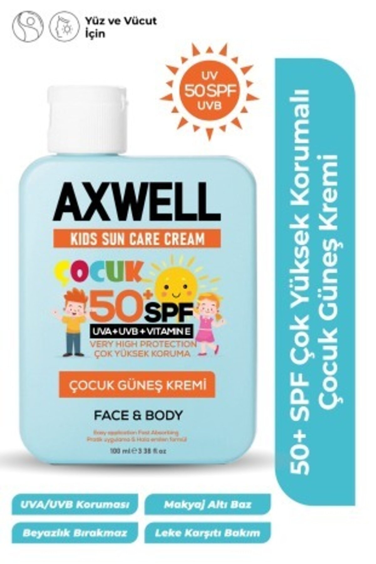 کرم ضد آفتاب کودکان با محافظت بسیار بالا ویتامین E با Spf 50 حجم ۱۰۰ میل اکس‌ول AXWELL
