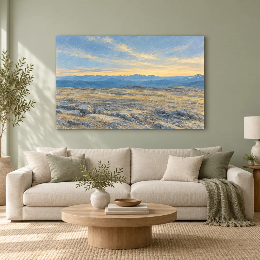 تابلو دکوراتیو کوهستان نور زرد بر فلات سرد، طراحی پاستل | کد ۱۹۰۰۸